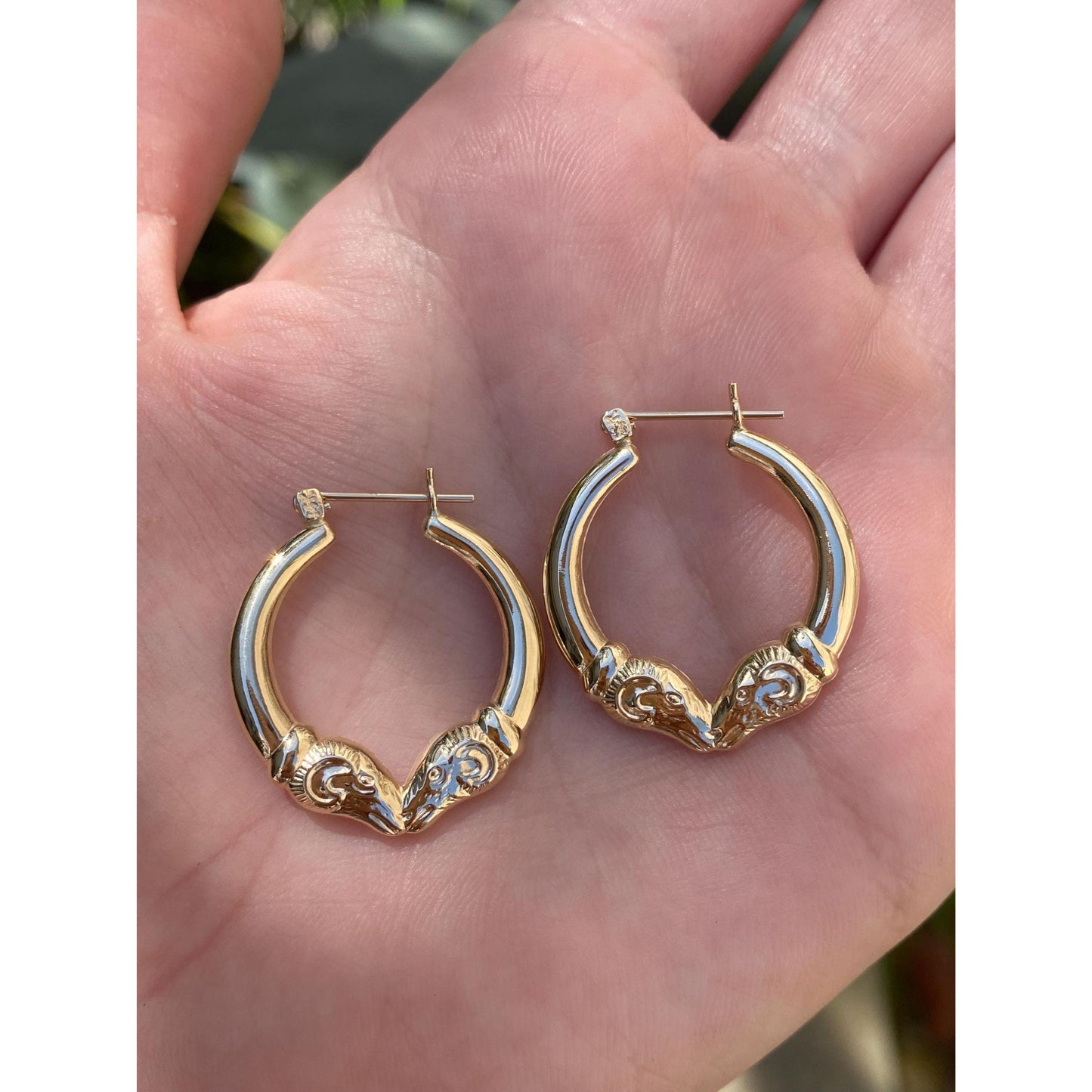 Vintage 14k Yellow Gold Ram Head Hoop Earrings
