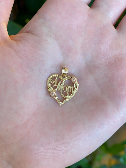 Solid 14k Rose & Yellow Gold Flowers Mom Heart Charm