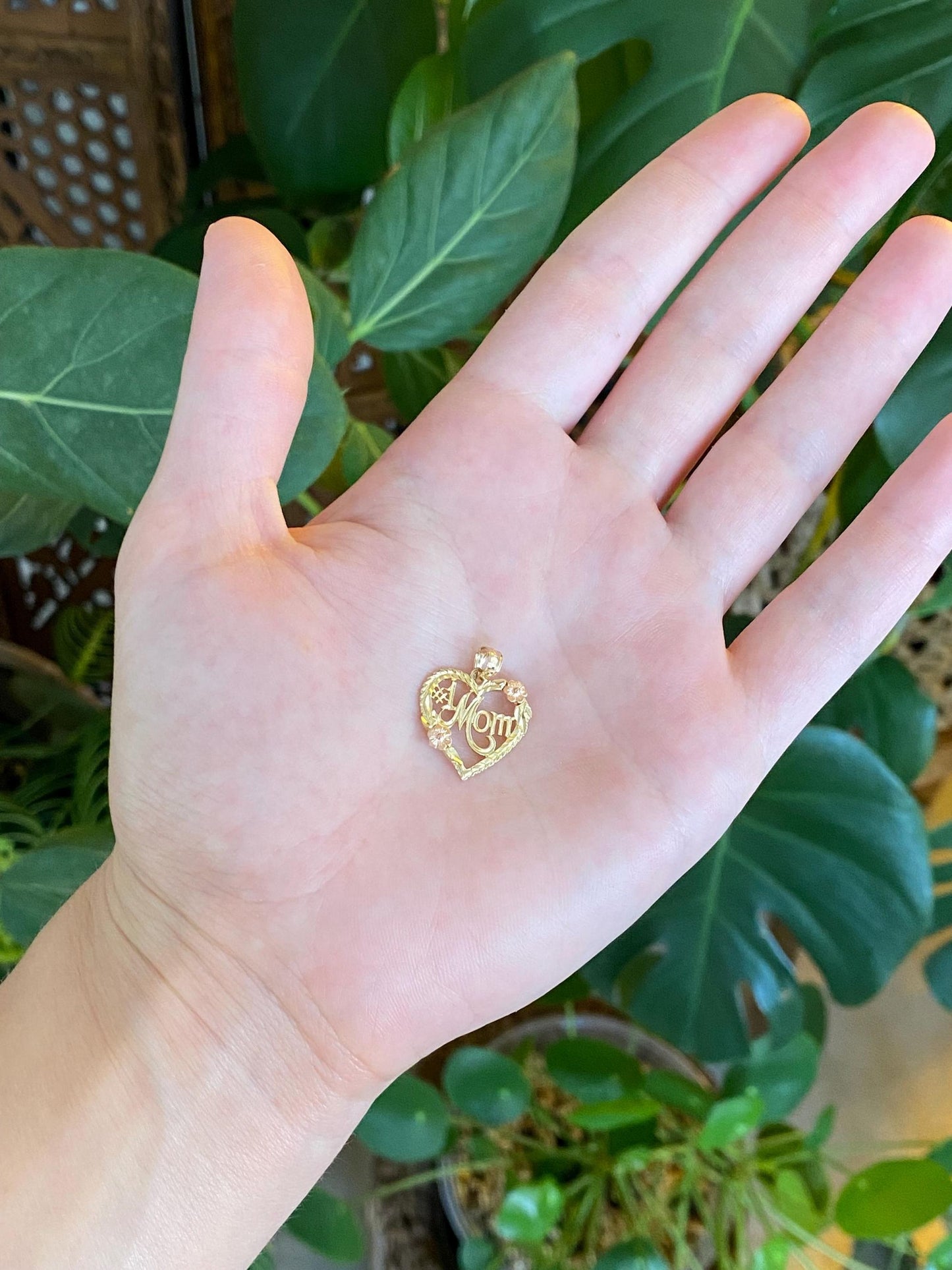 Solid 14k Rose & Yellow Gold Flowers Mom Heart Charm