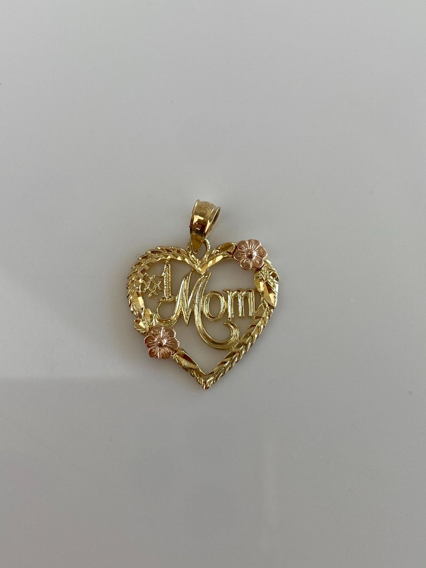 Solid 14k Rose & Yellow Gold Flowers Mom Heart Charm