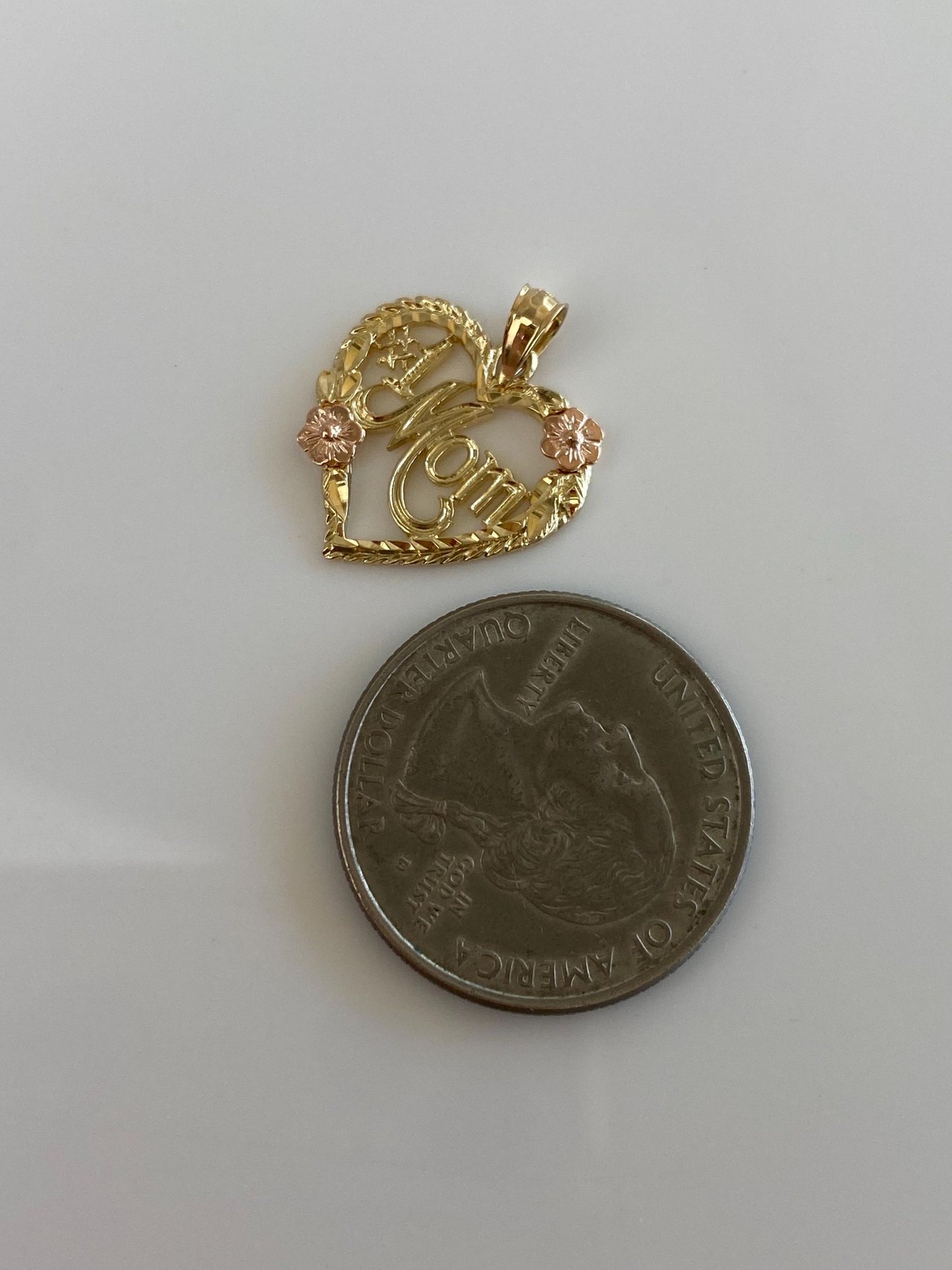 Solid 14k Rose & Yellow Gold Flowers Mom Heart Charm