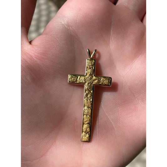 Vintage Solid 14k Yellow Gold Nugget Cross Charm