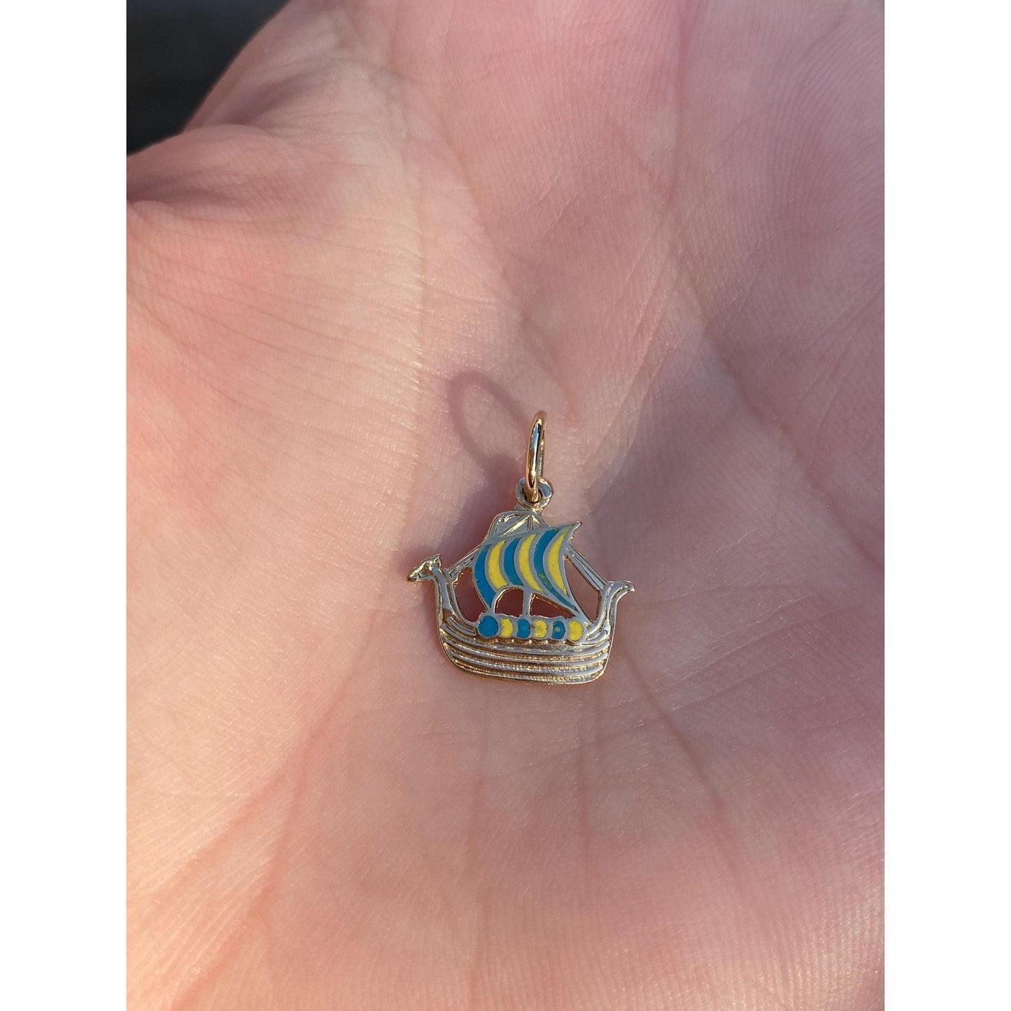 Vintage Solid 18k Yellow Gold Enamel Viking Ship Charm