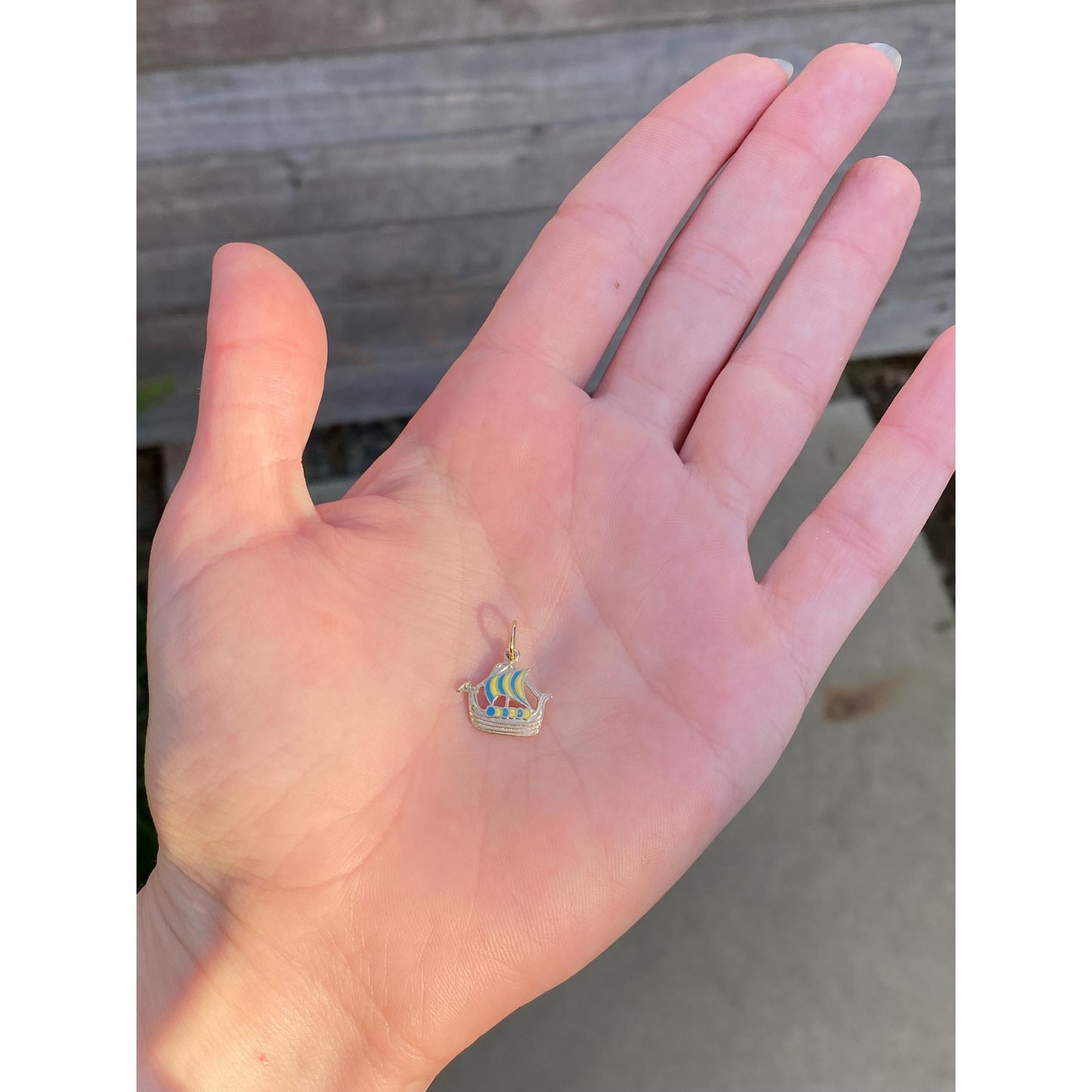 Vintage Solid 18k Yellow Gold Enamel Viking Ship Charm