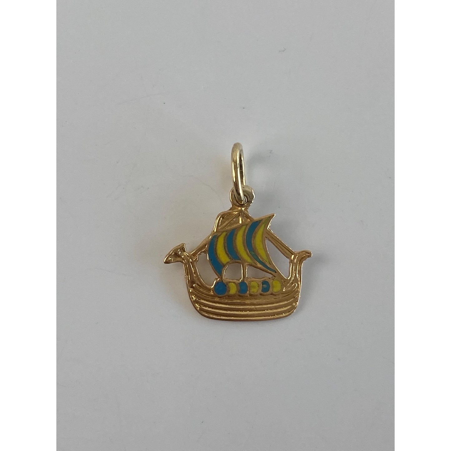 Vintage Solid 18k Yellow Gold Enamel Viking Ship Charm