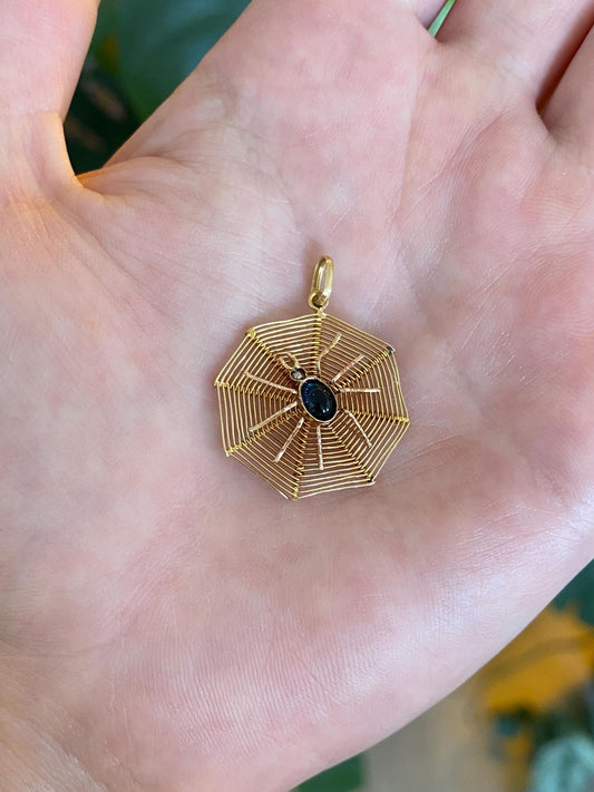 Vintage Solid 14k Yellow Gold Blue Cubic Zirconia Cabochon Seed Pearl Woven Spiderweb Spider Charm