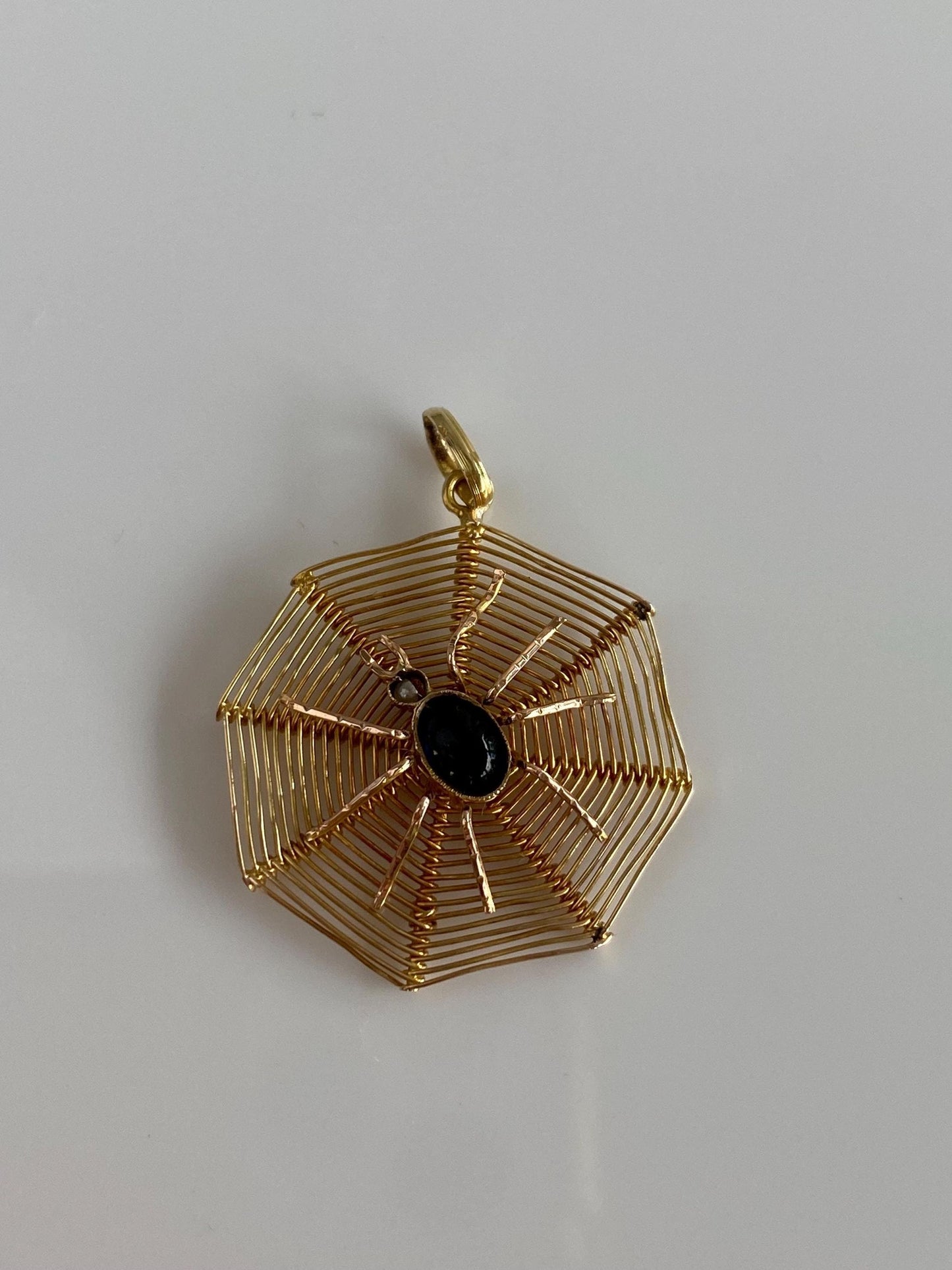 Vintage Solid 14k Yellow Gold Blue Cubic Zirconia Cabochon Seed Pearl Woven Spiderweb Spider Charm