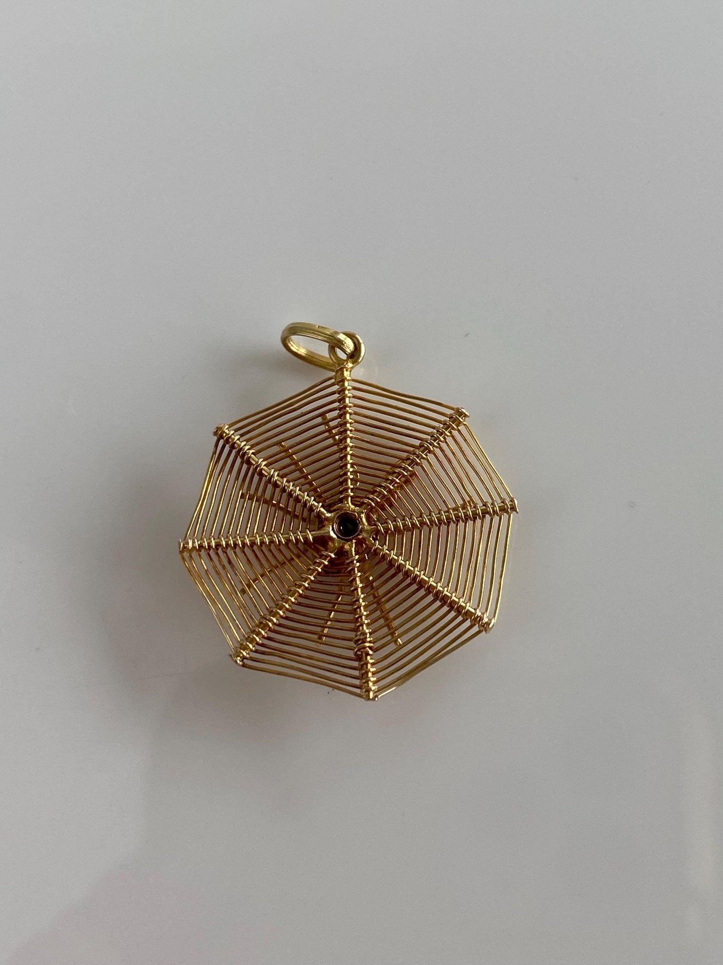 Vintage Solid 14k Yellow Gold Blue Cubic Zirconia Cabochon Seed Pearl Woven Spiderweb Spider Charm