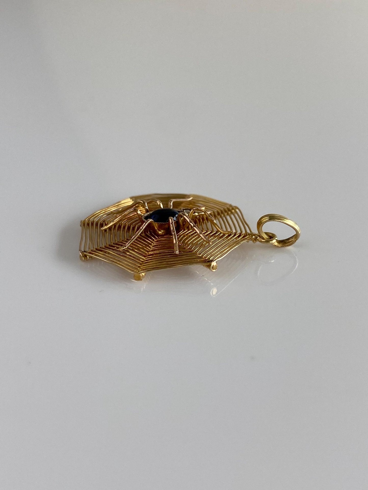 Vintage Solid 14k Yellow Gold Blue Cubic Zirconia Cabochon Seed Pearl Woven Spiderweb Spider Charm