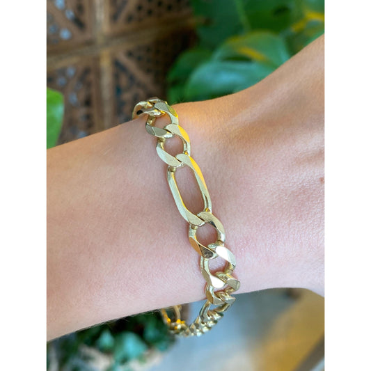 Vintage Solid 14k Yellow Gold Chunky Figaro Chain Bracelet - 8.75 inches