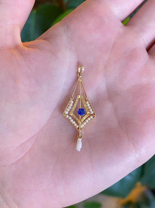 Vintage Solid 14k Yellow Gold Blue Cubic Zirconia Seed Pearls Charm