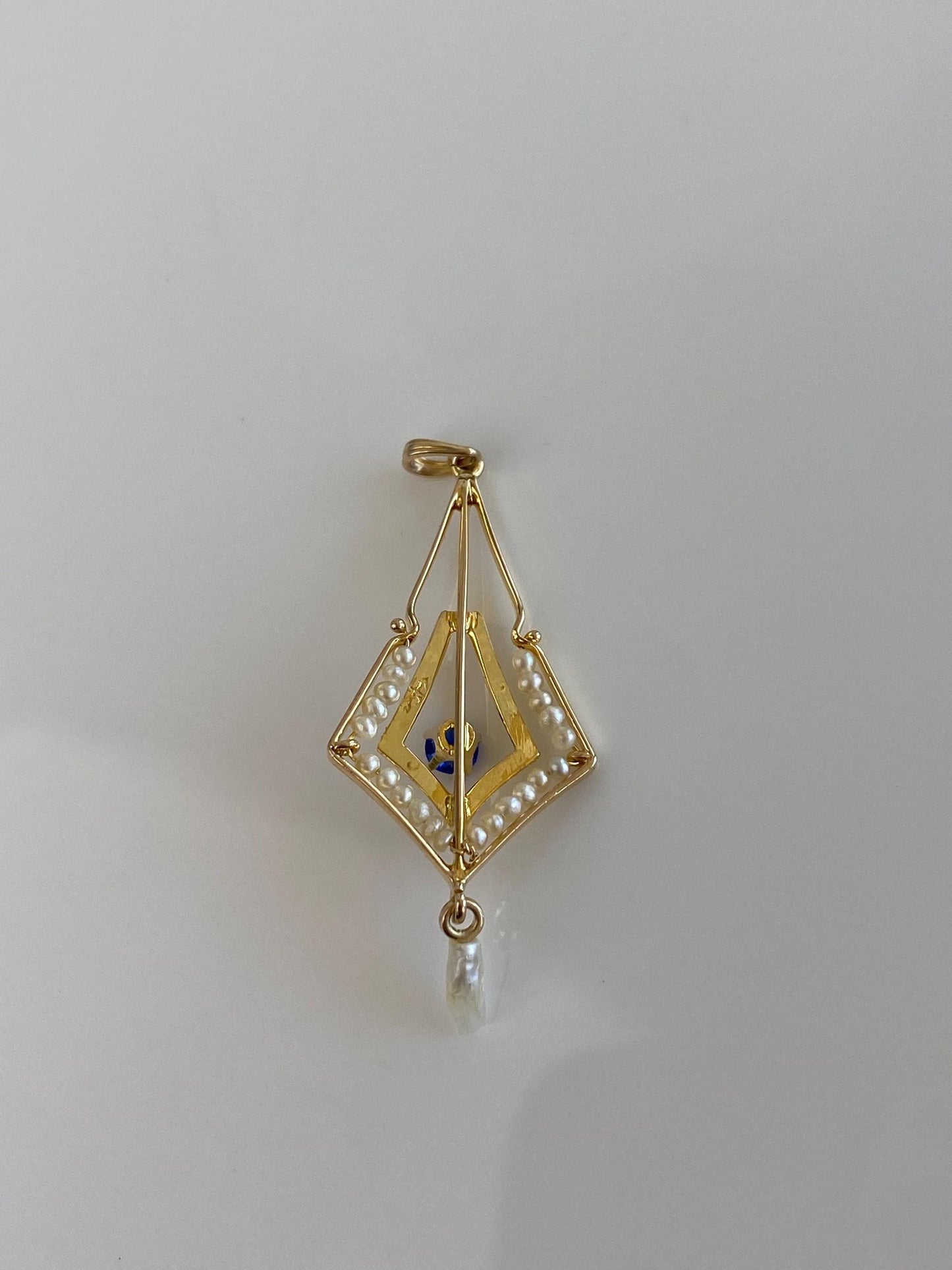 Vintage Solid 14k Yellow Gold Blue Cubic Zirconia Seed Pearls Charm
