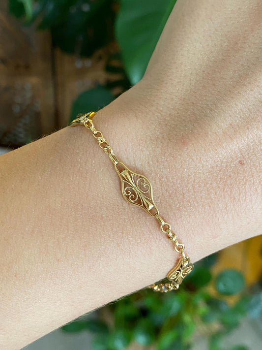 Vintage Solid 18k Yellow Gold Filigree Link Fancy Chain Bracelet - 7.25 Inches
