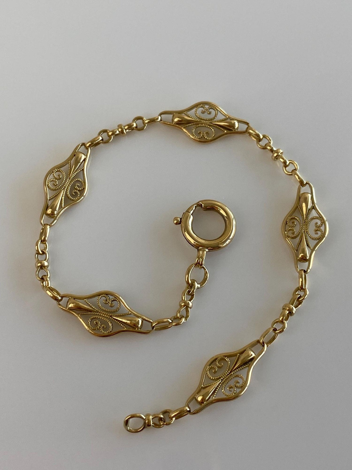 Vintage Solid 18k Yellow Gold Filigree Link Fancy Chain Bracelet - 7.25 Inches