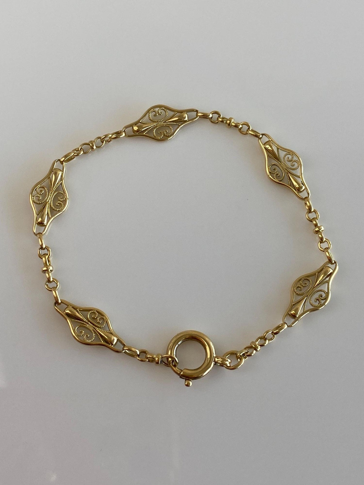Vintage Solid 18k Yellow Gold Filigree Link Fancy Chain Bracelet - 7.25 Inches