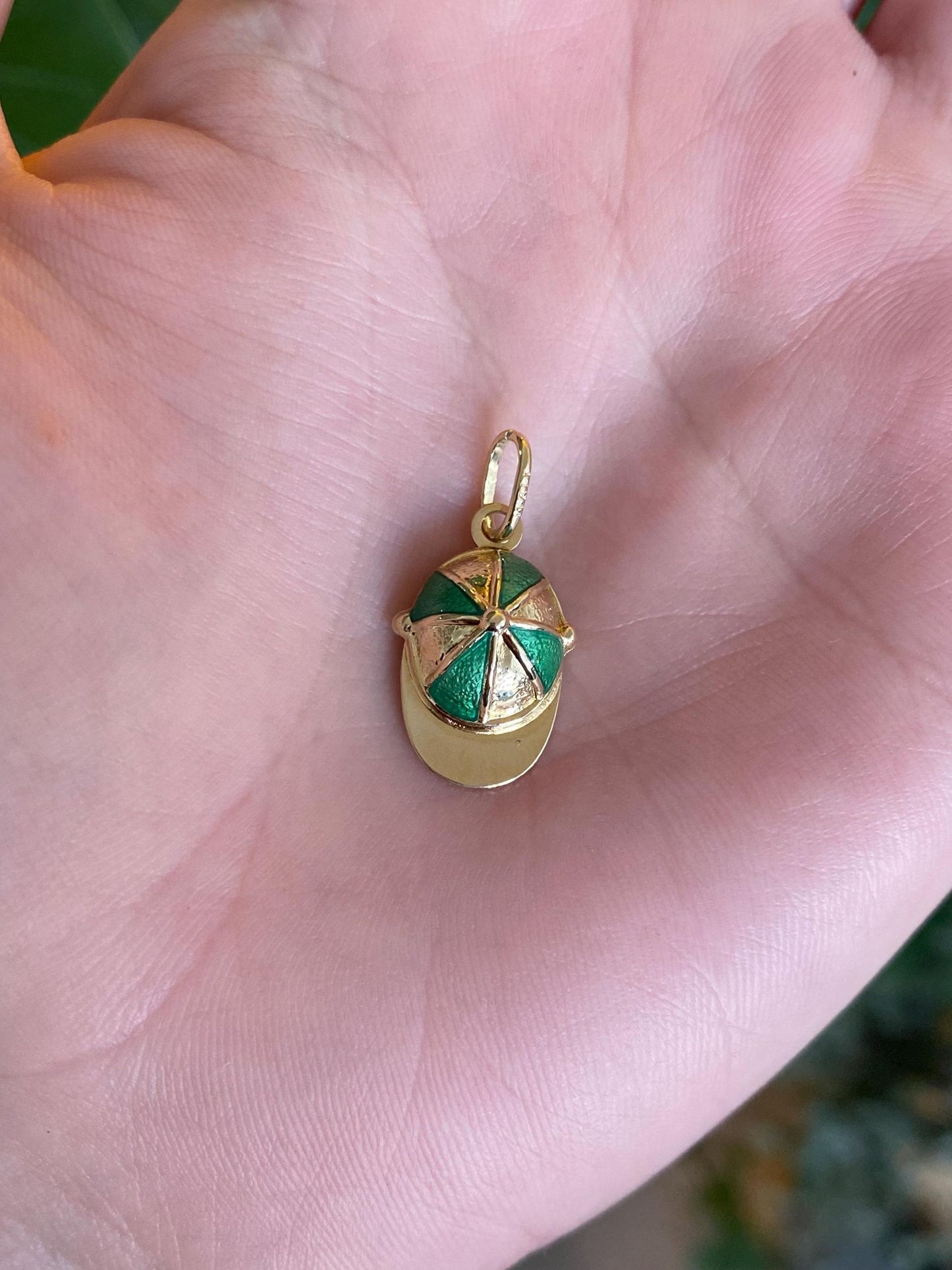 Vintage Solid 14k Yellow Gold Green Enamel Baseball Cap Charm