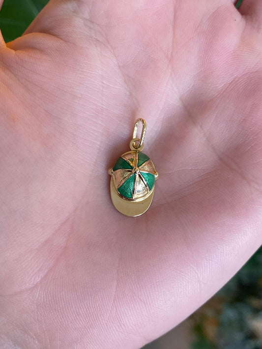 Vintage Solid 14k Yellow Gold Green Enamel Baseball Cap Charm