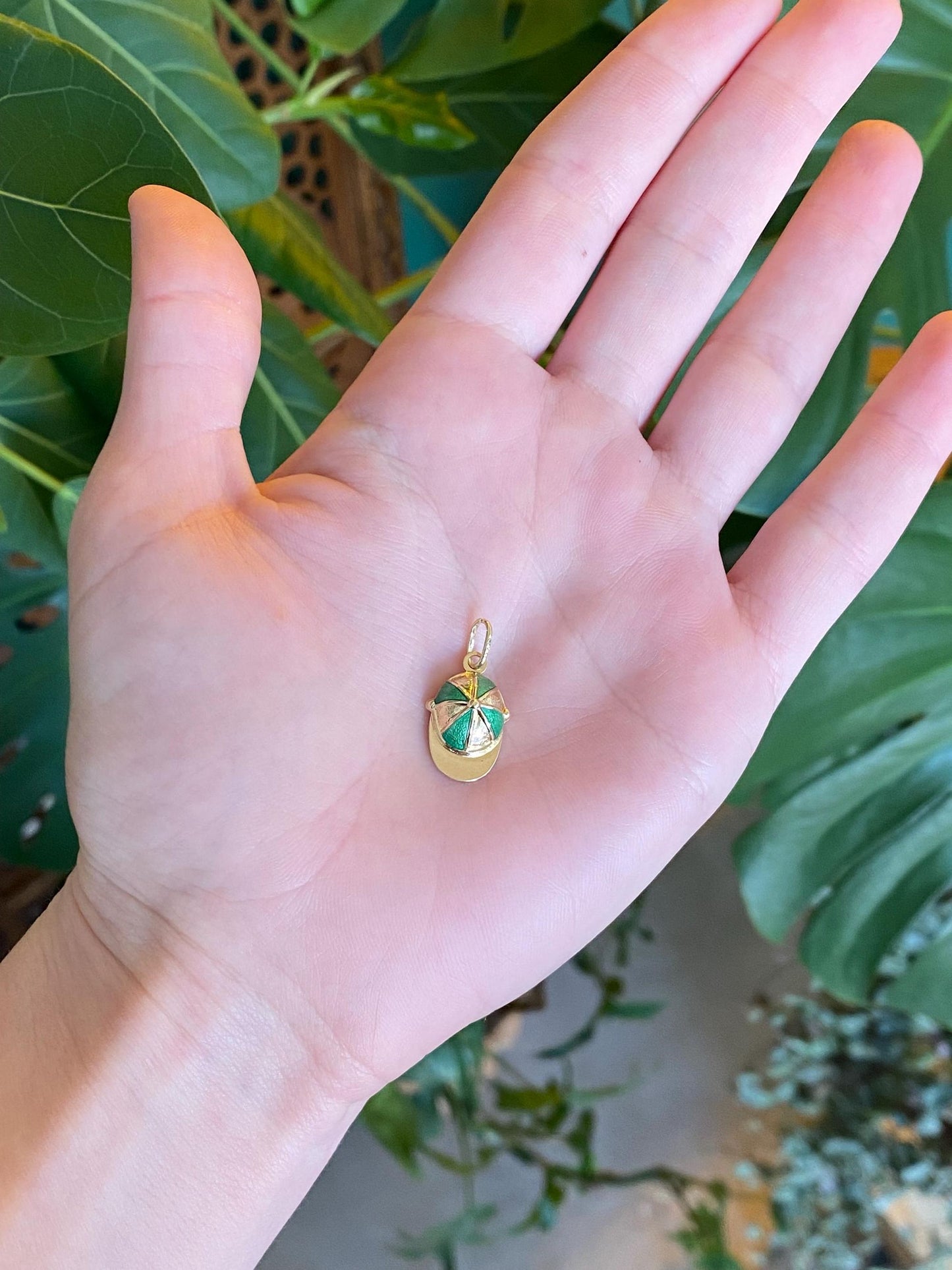 Vintage Solid 14k Yellow Gold Green Enamel Baseball Cap Charm