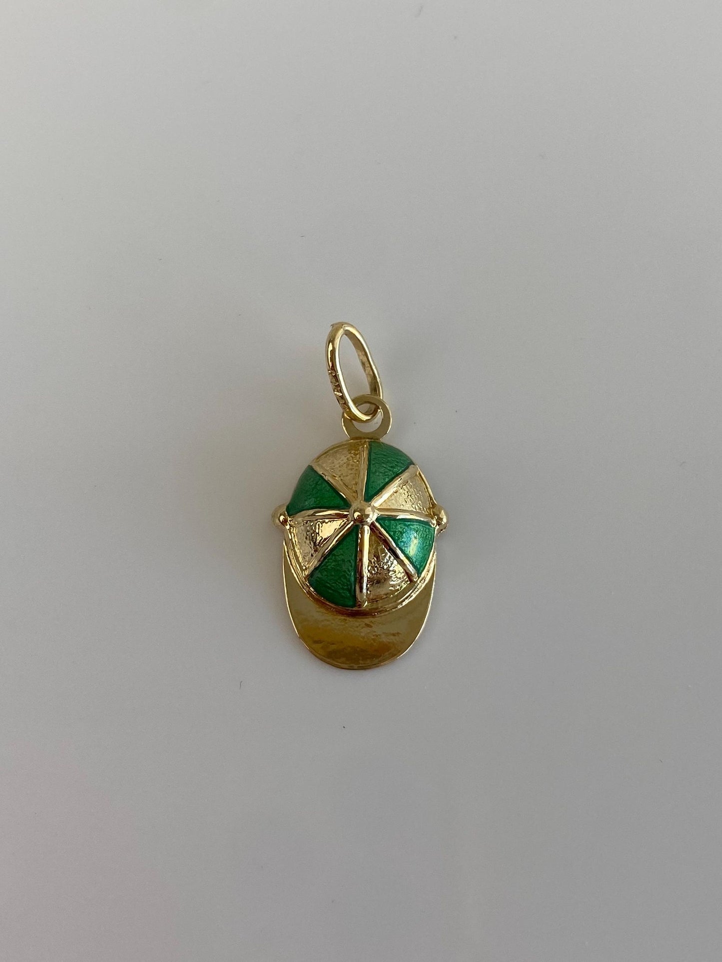Vintage Solid 14k Yellow Gold Green Enamel Baseball Cap Charm
