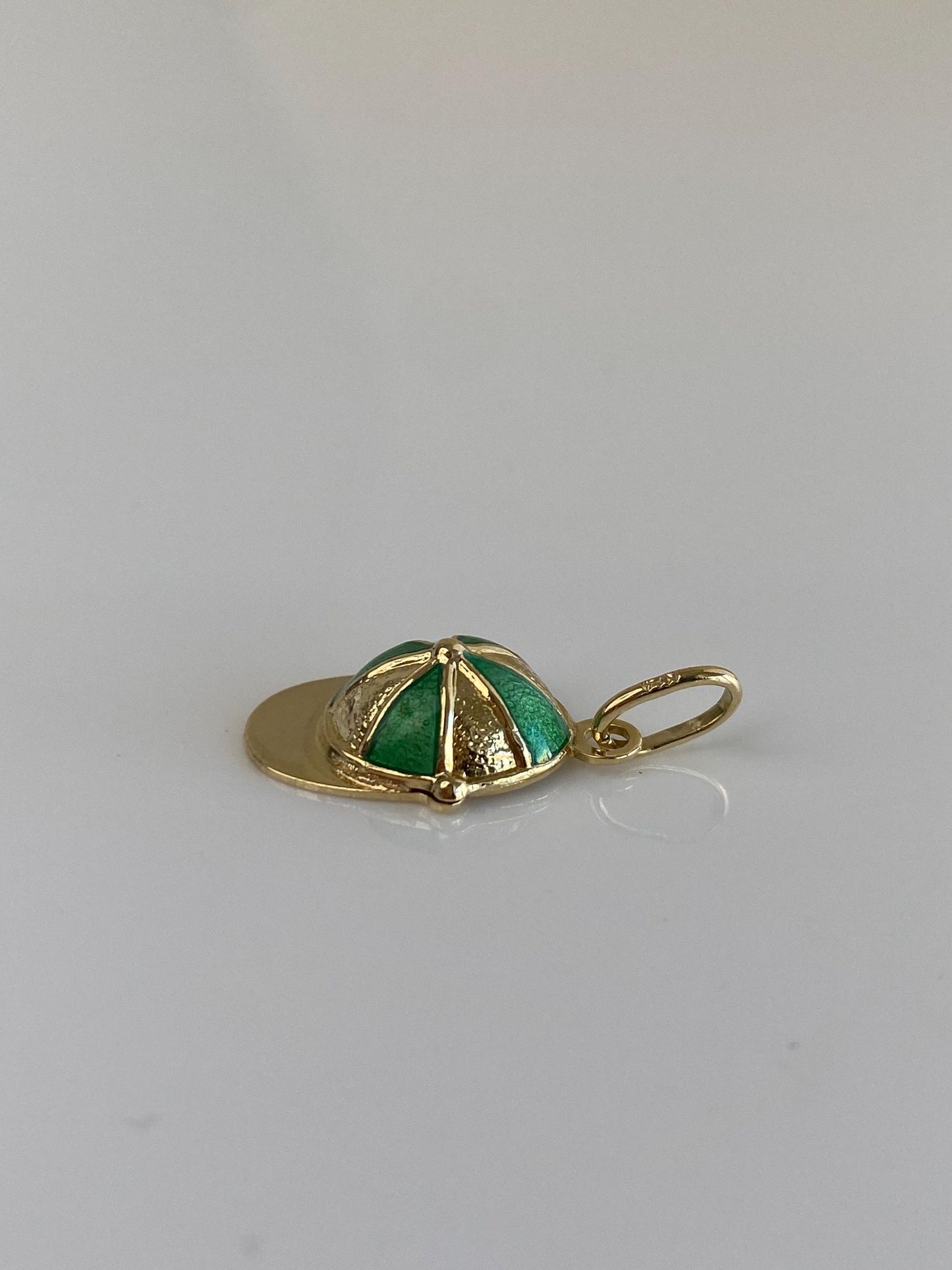 Vintage Solid 14k Yellow Gold Green Enamel Baseball Cap Charm