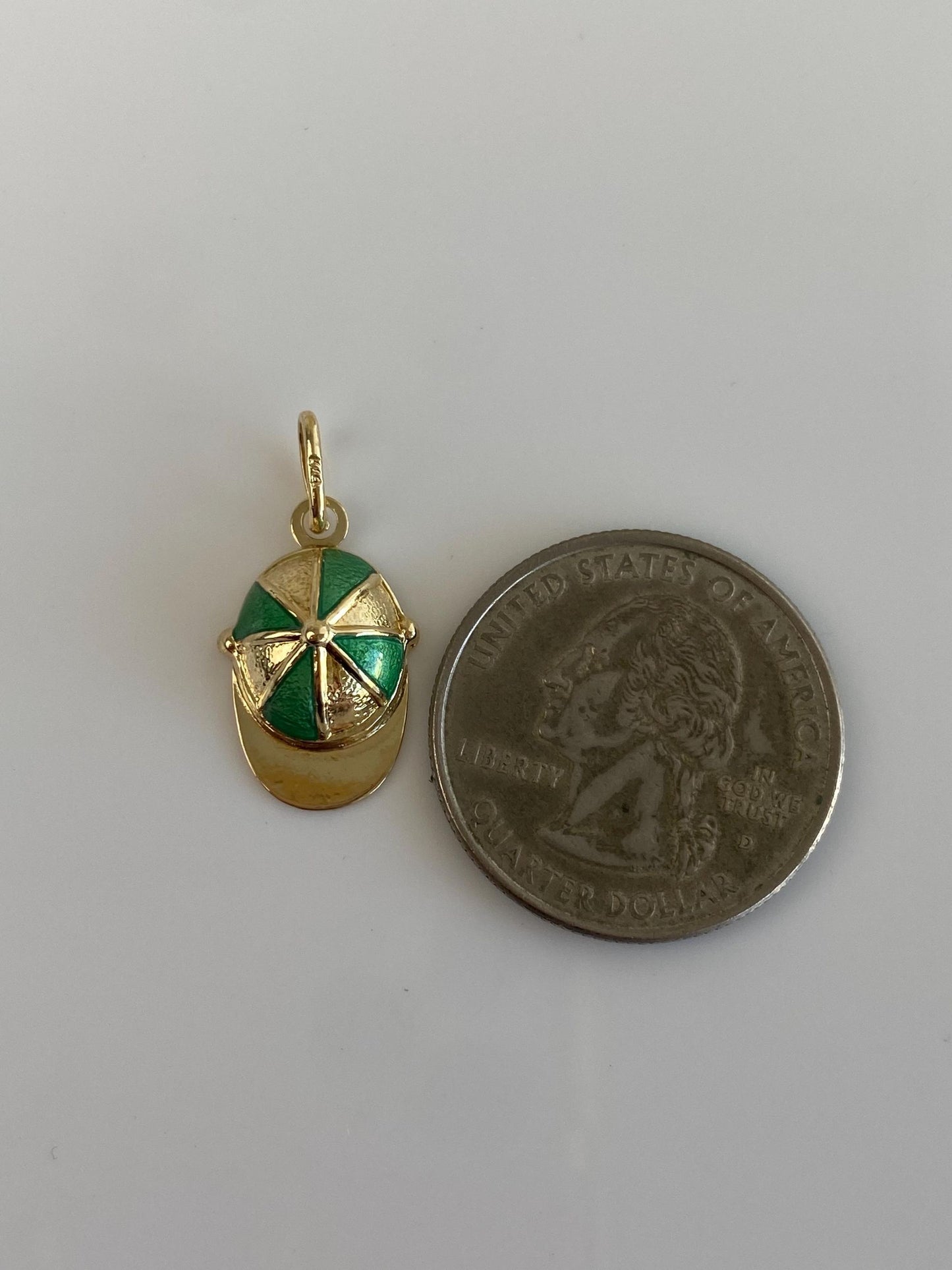 Vintage Solid 14k Yellow Gold Green Enamel Baseball Cap Charm