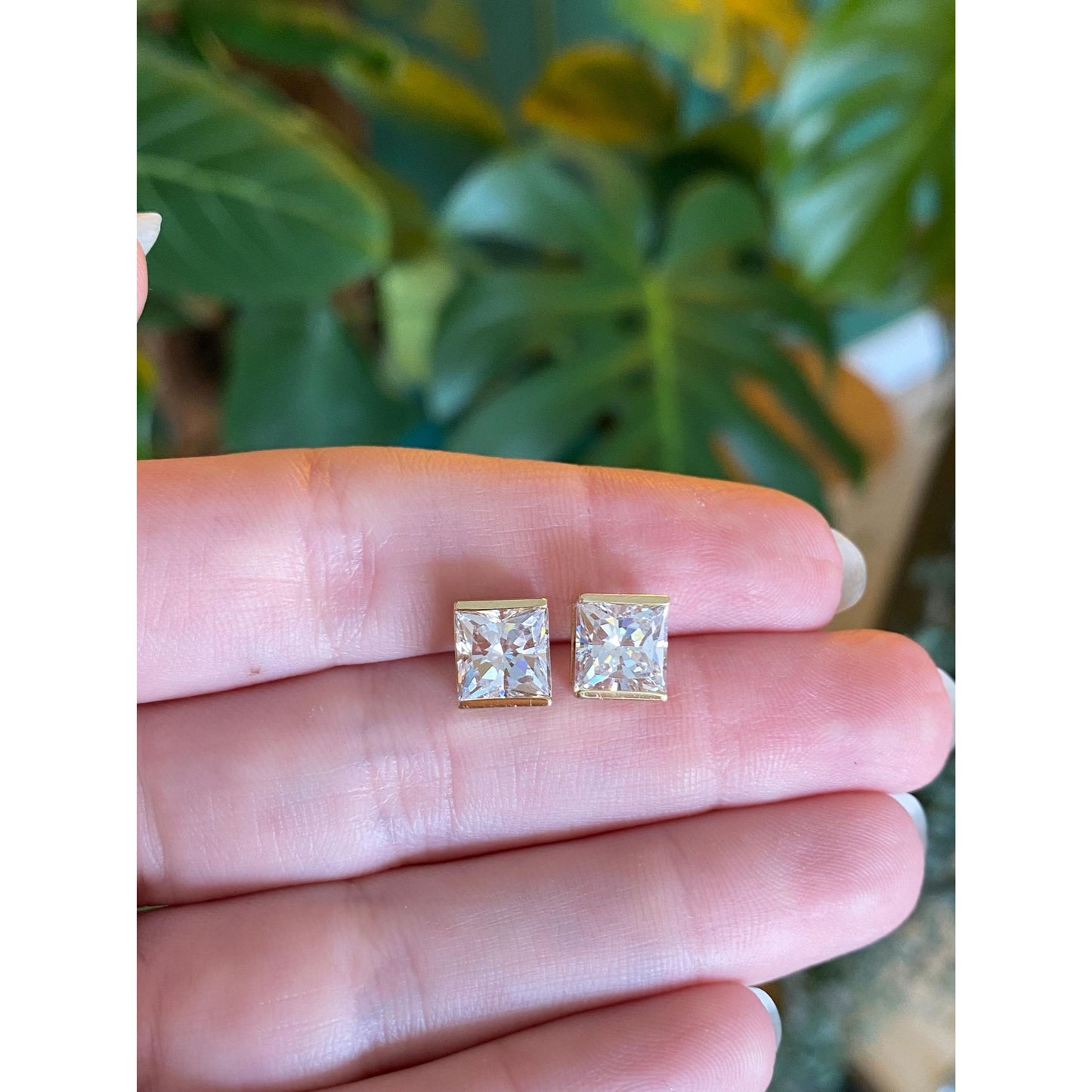 Solid 10k Yellow Gold Cubic Zirconia Square Stud Earrings