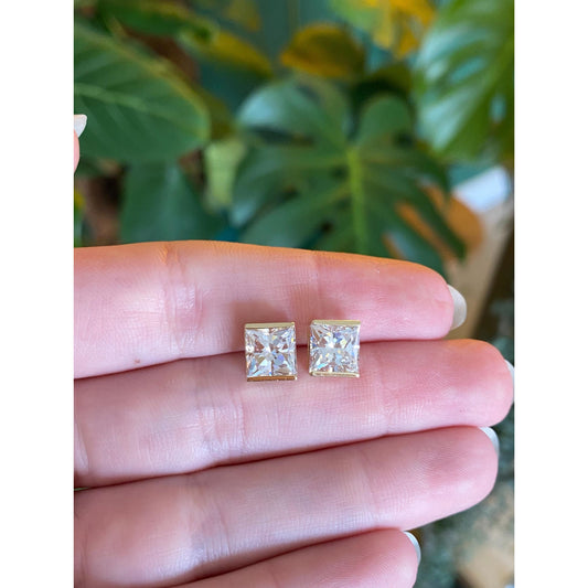 Solid 10k Yellow Gold Cubic Zirconia Square Stud Earrings