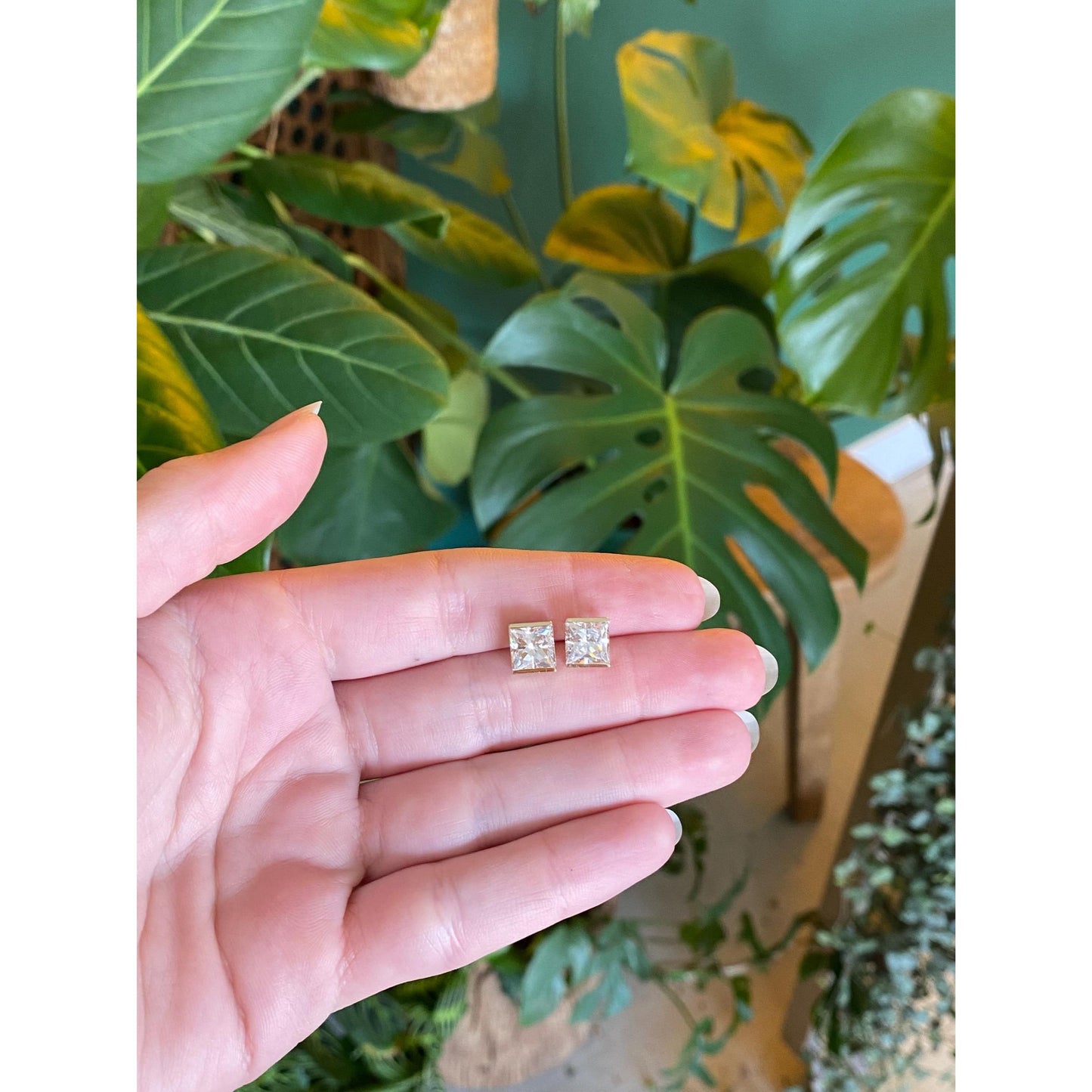 Solid 10k Yellow Gold Cubic Zirconia Square Stud Earrings