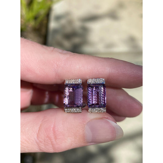 Vintage Solid 14k White Gold Amethyst Diamond Stud Earrings