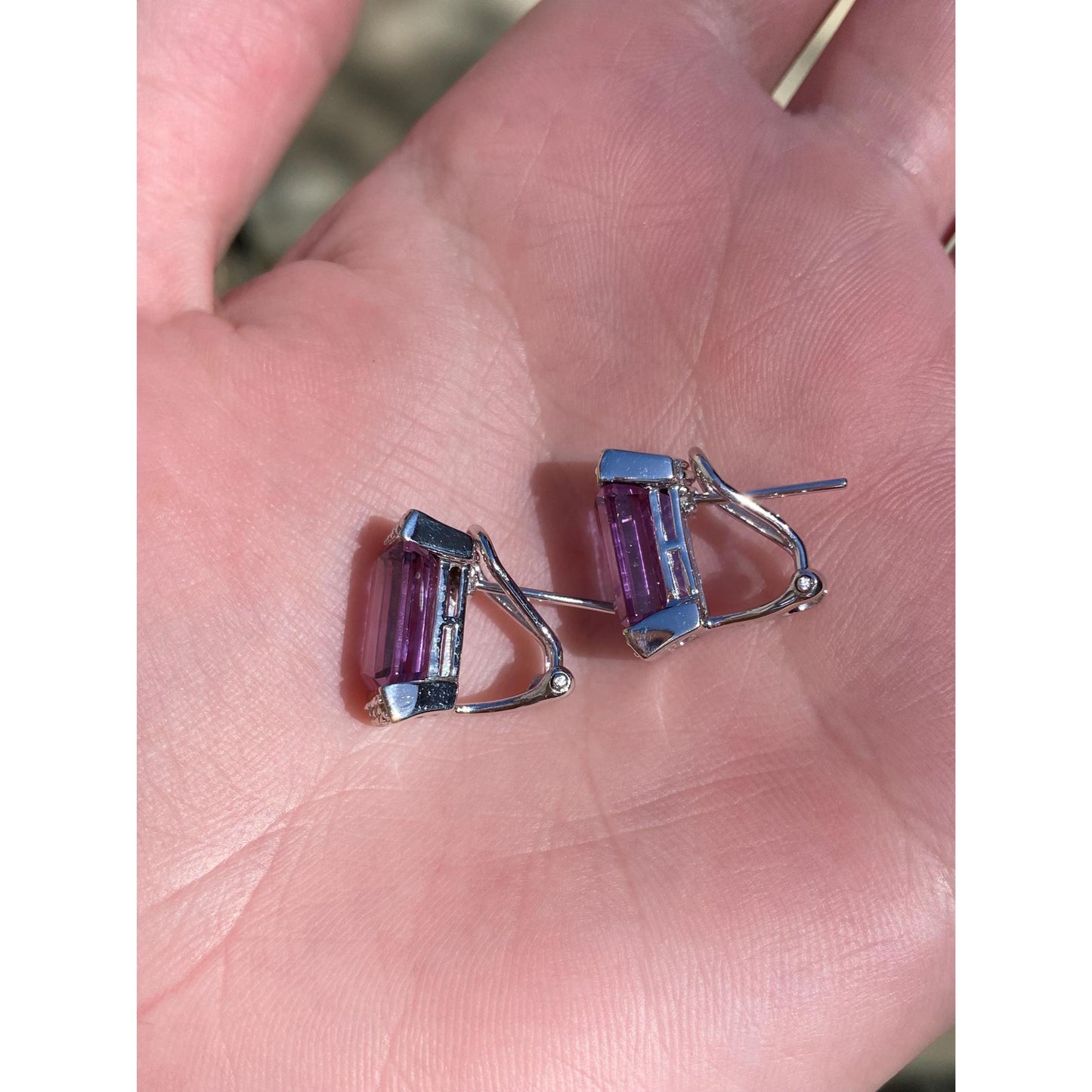 Vintage Solid 14k White Gold Amethyst Diamond Stud Earrings