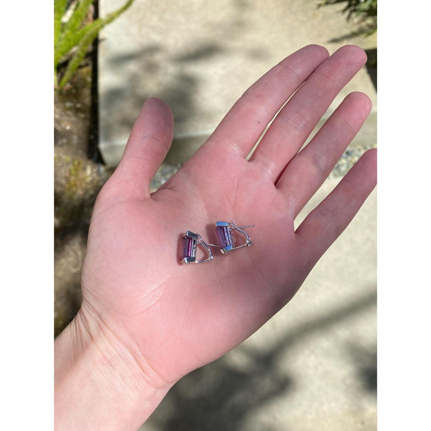 Vintage Solid 14k White Gold Amethyst Diamond Stud Earrings