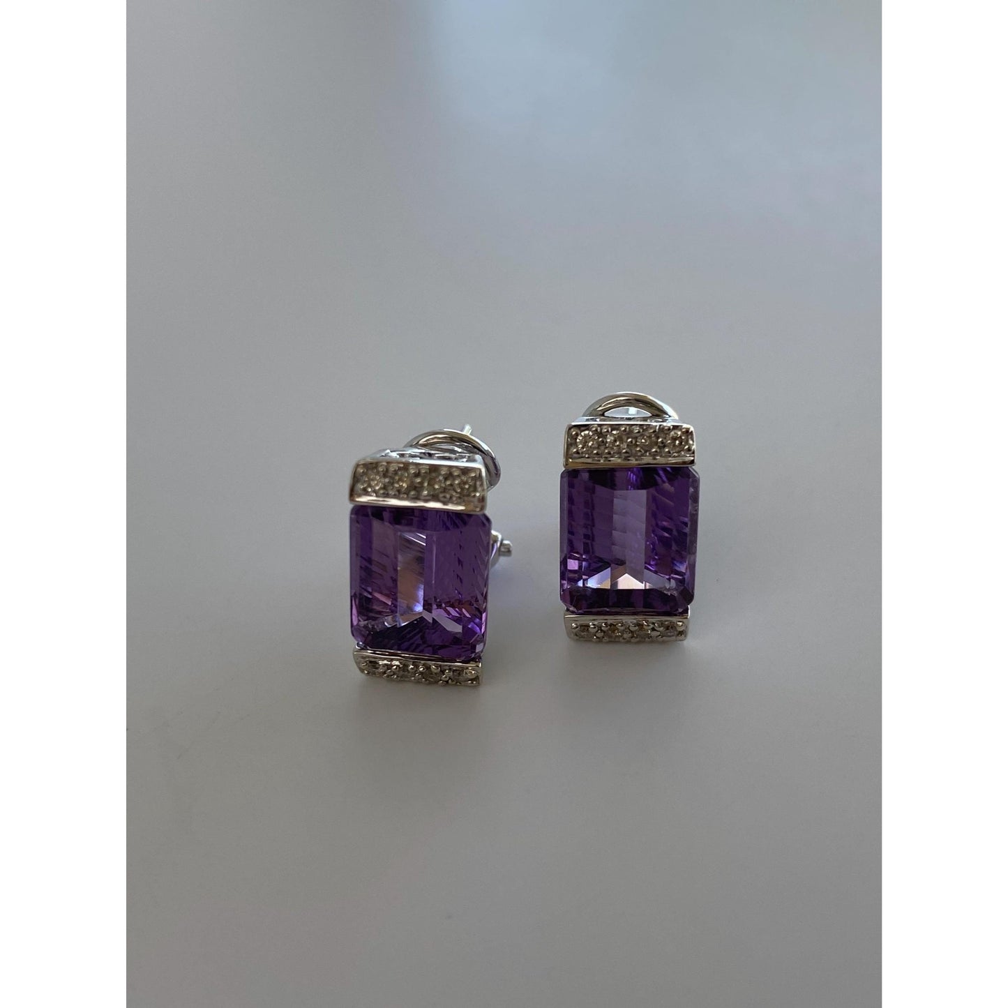 Vintage Solid 14k White Gold Amethyst Diamond Stud Earrings