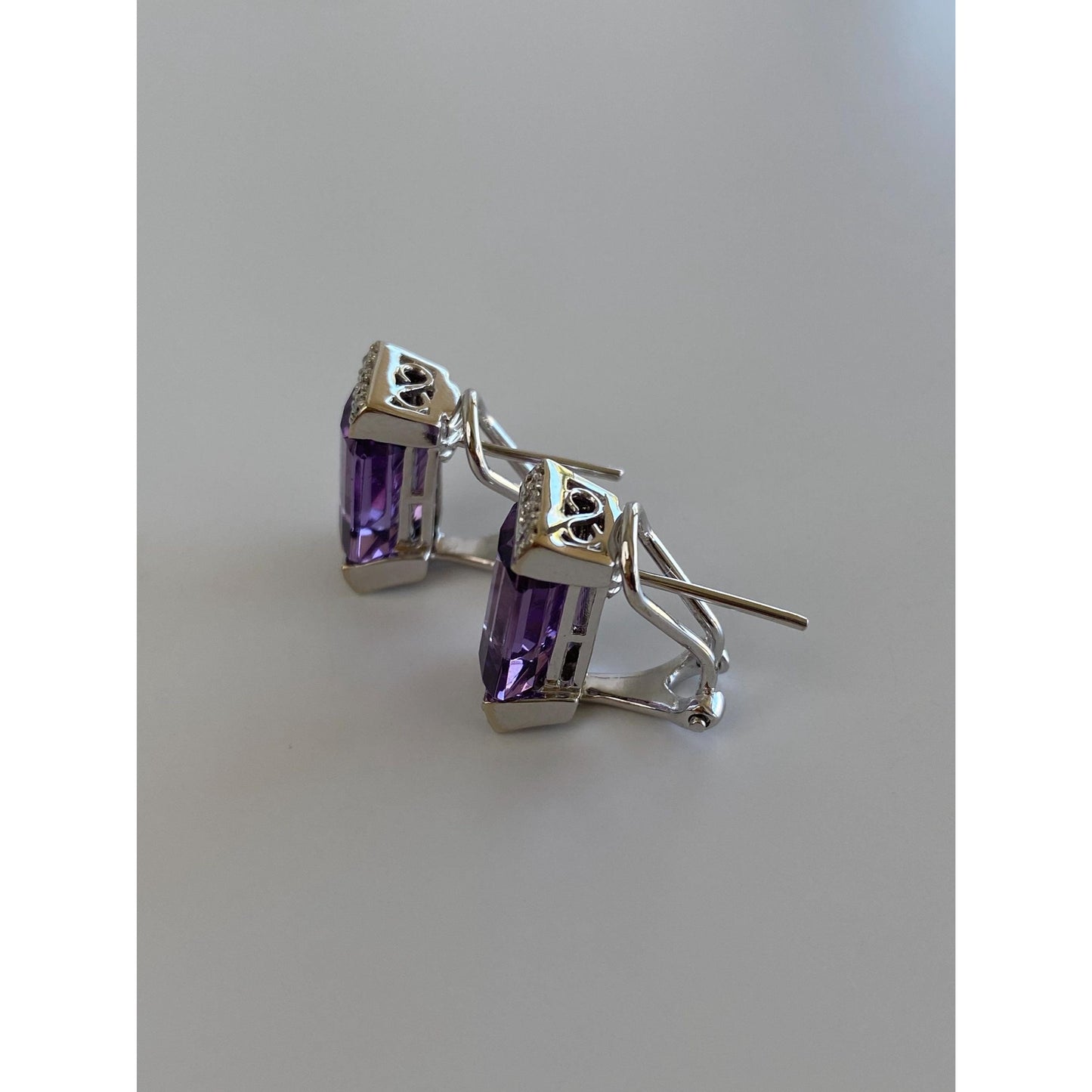 Vintage Solid 14k White Gold Amethyst Diamond Stud Earrings