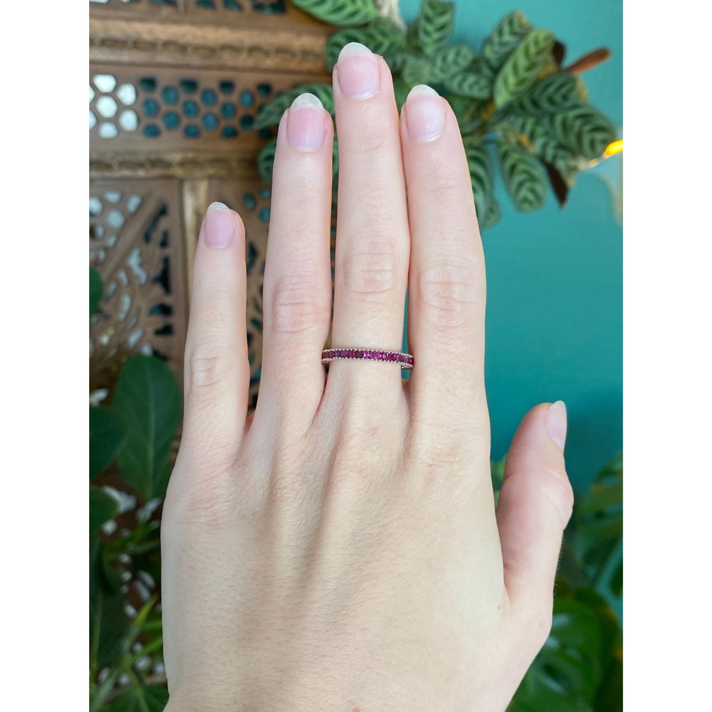 Vintage Solid 14k White Gold Pink Sapphire Ring Band - Size 7
