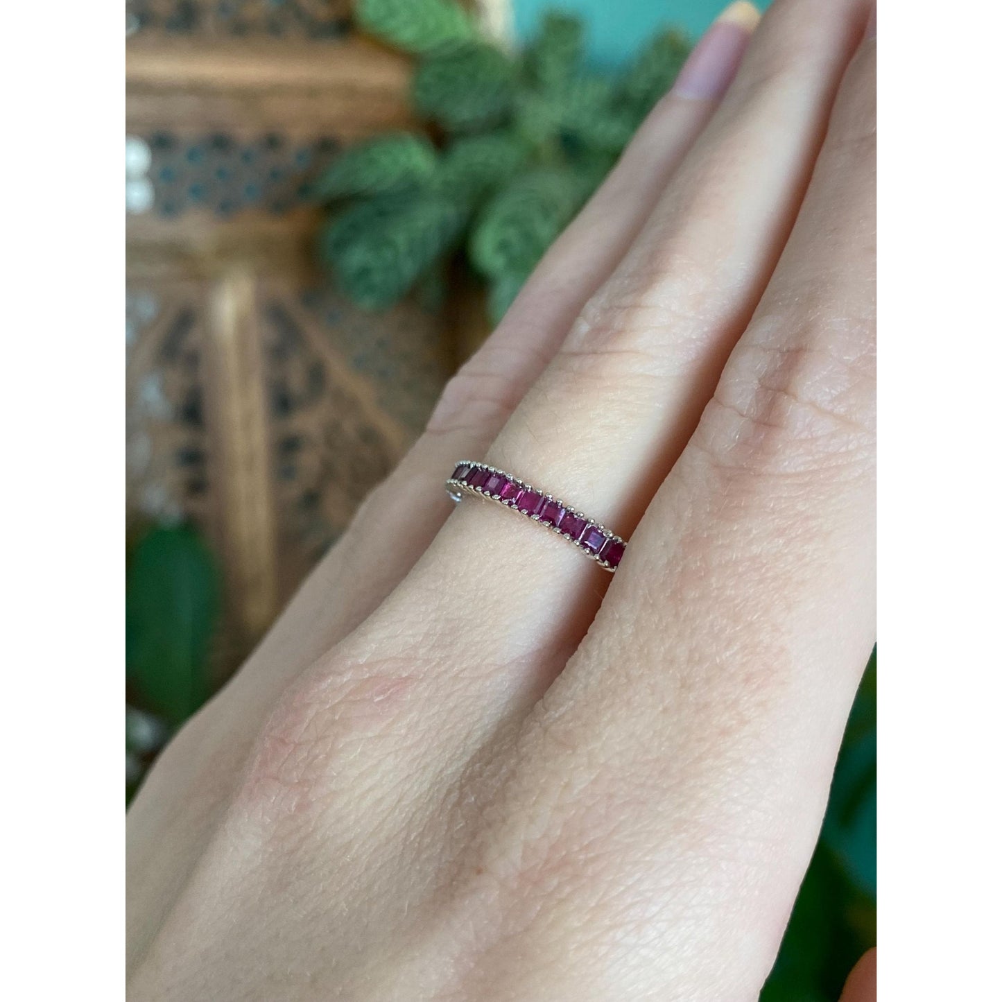 Vintage Solid 14k White Gold Pink Sapphire Ring Band - Size 7