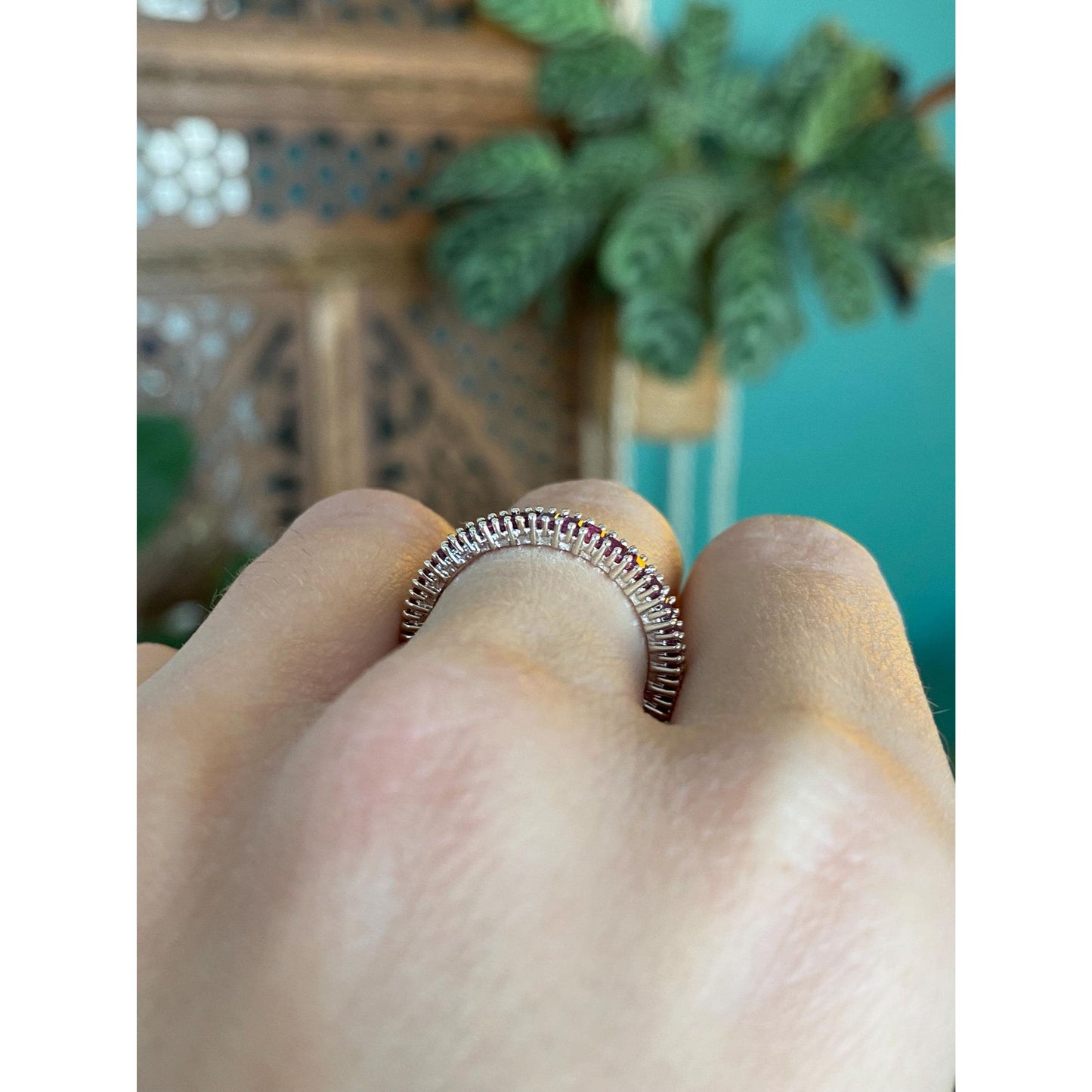 Vintage Solid 14k White Gold Pink Sapphire Ring Band - Size 7