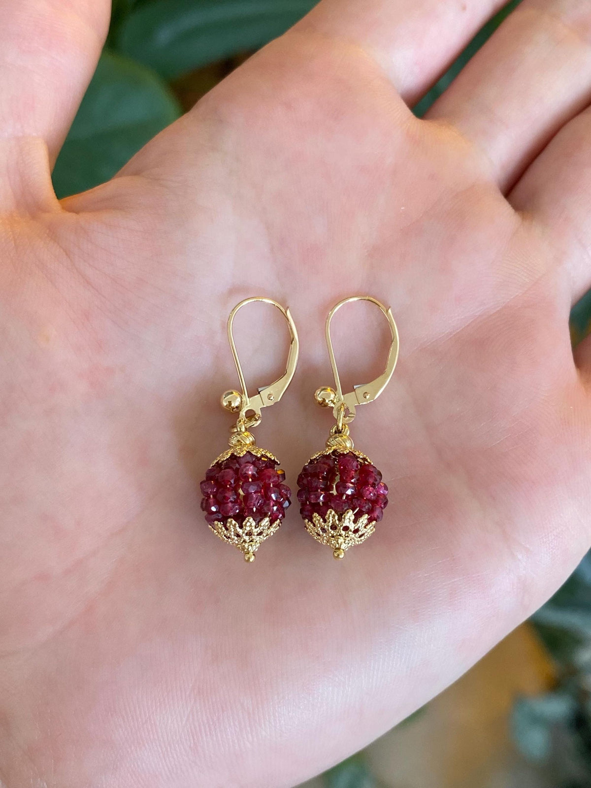 Vintage 14k & 18k Yellow Gold Ruby Beads Ball Dangle Earrings