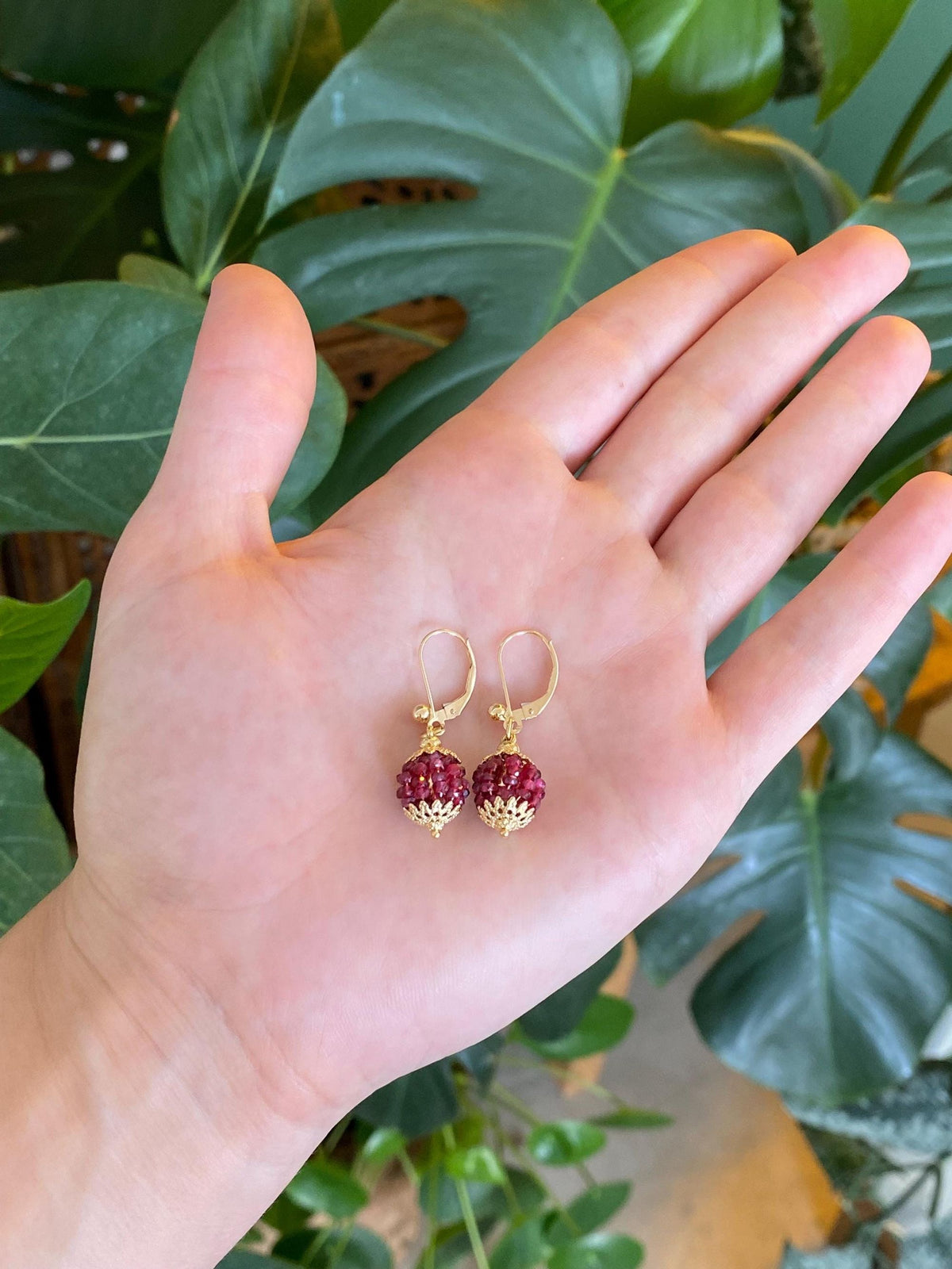 Vintage 14k & 18k Yellow Gold Ruby Beads Ball Dangle Earrings