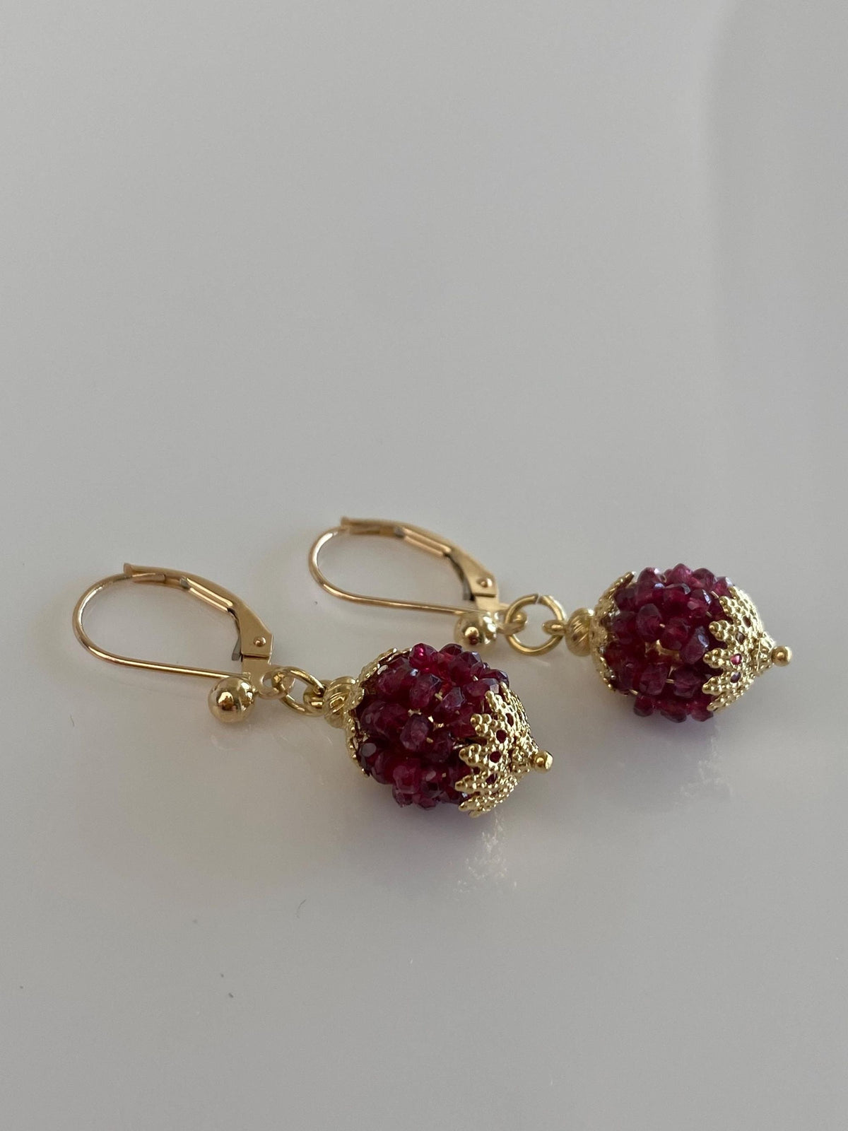Vintage 14k & 18k Yellow Gold Ruby Beads Ball Dangle Earrings