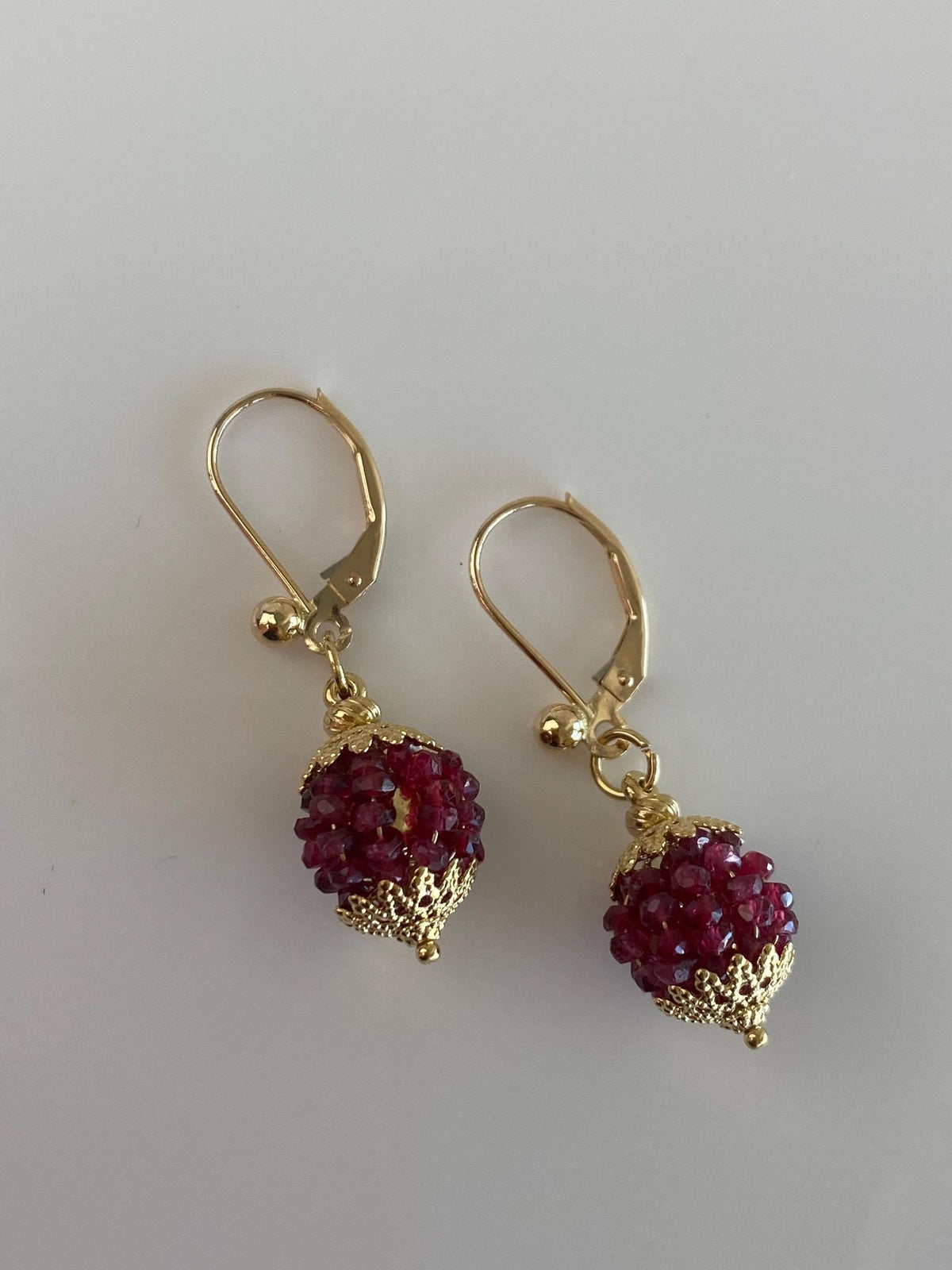 Vintage 14k & 18k Yellow Gold Ruby Beads Ball Dangle Earrings