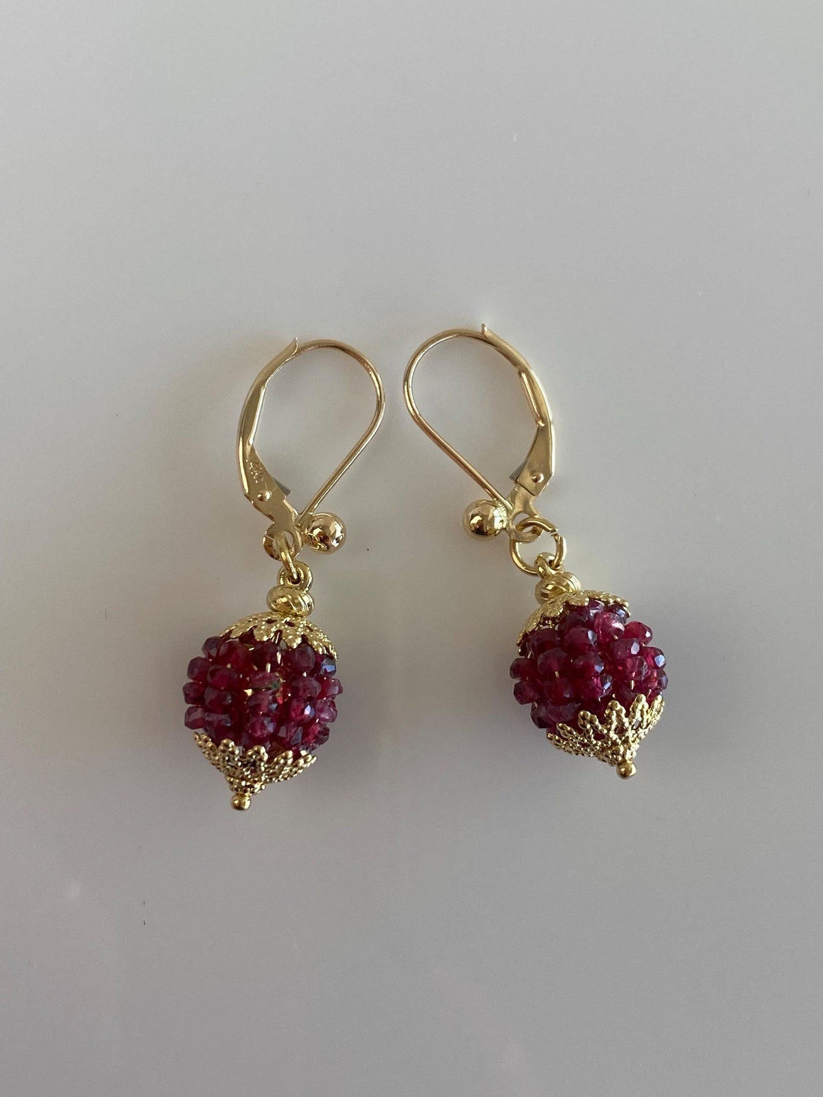 Vintage 14k & 18k Yellow Gold Ruby Beads Ball Dangle Earrings
