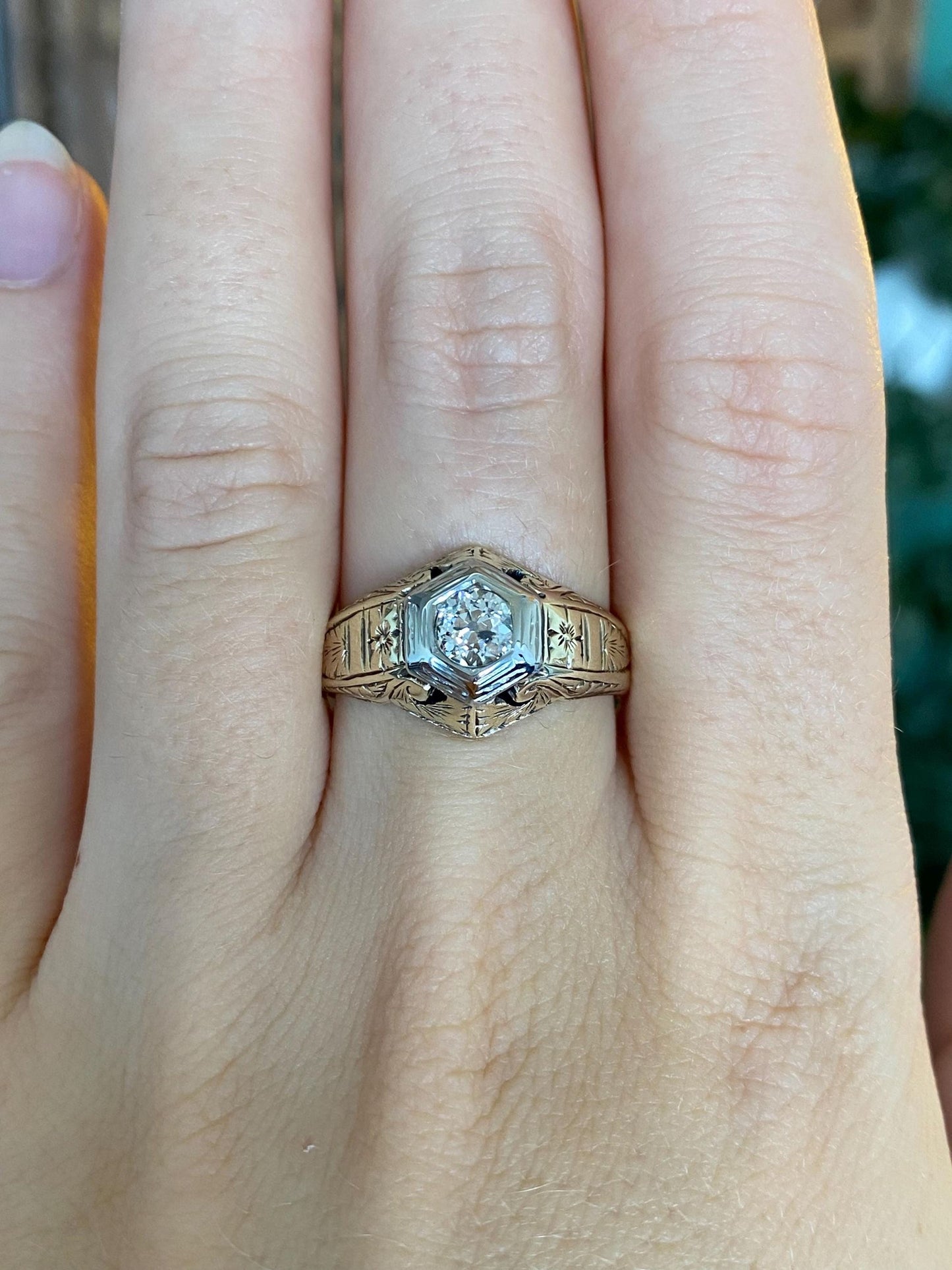 Vintage Solid 14k White & Yellow Gold Clear Sapphire Art Deco Ring - Size 8.5