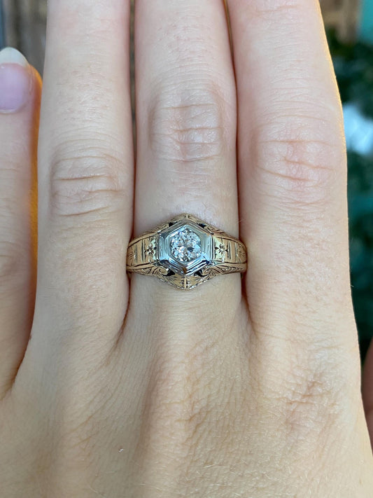 Vintage Solid 14k White & Yellow Gold Clear Sapphire Art Deco Ring - Size 8.5