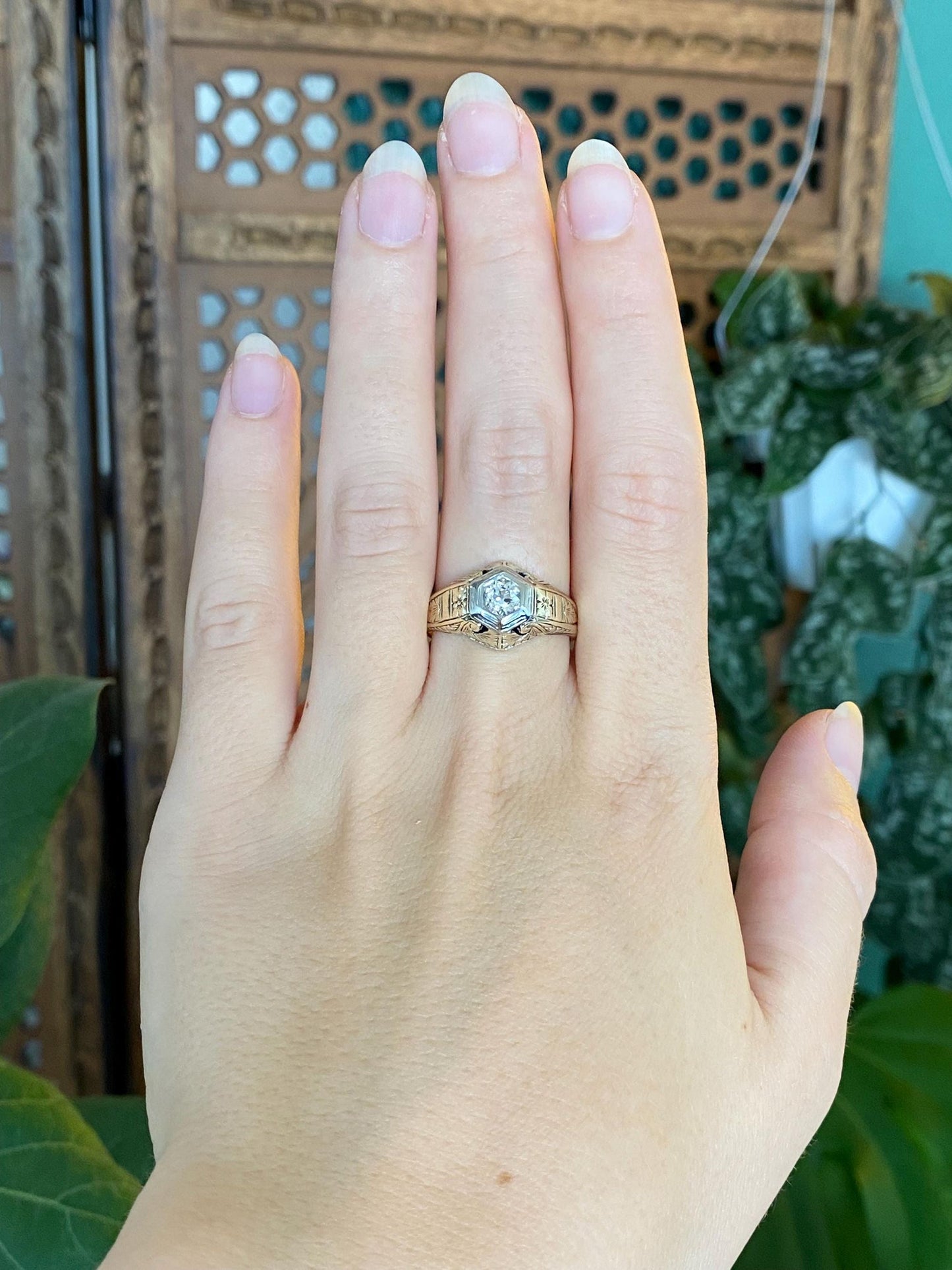 Vintage Solid 14k White & Yellow Gold Clear Sapphire Art Deco Ring - Size 8.5
