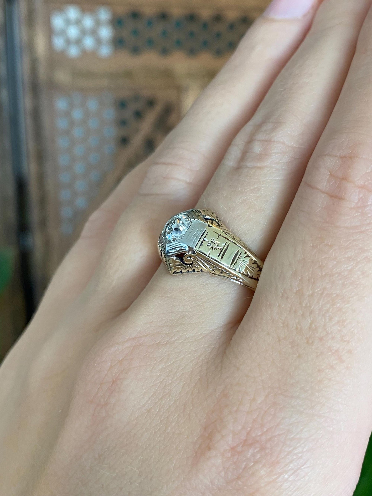 Vintage Solid 14k White & Yellow Gold Clear Sapphire Art Deco Ring - Size 8.5