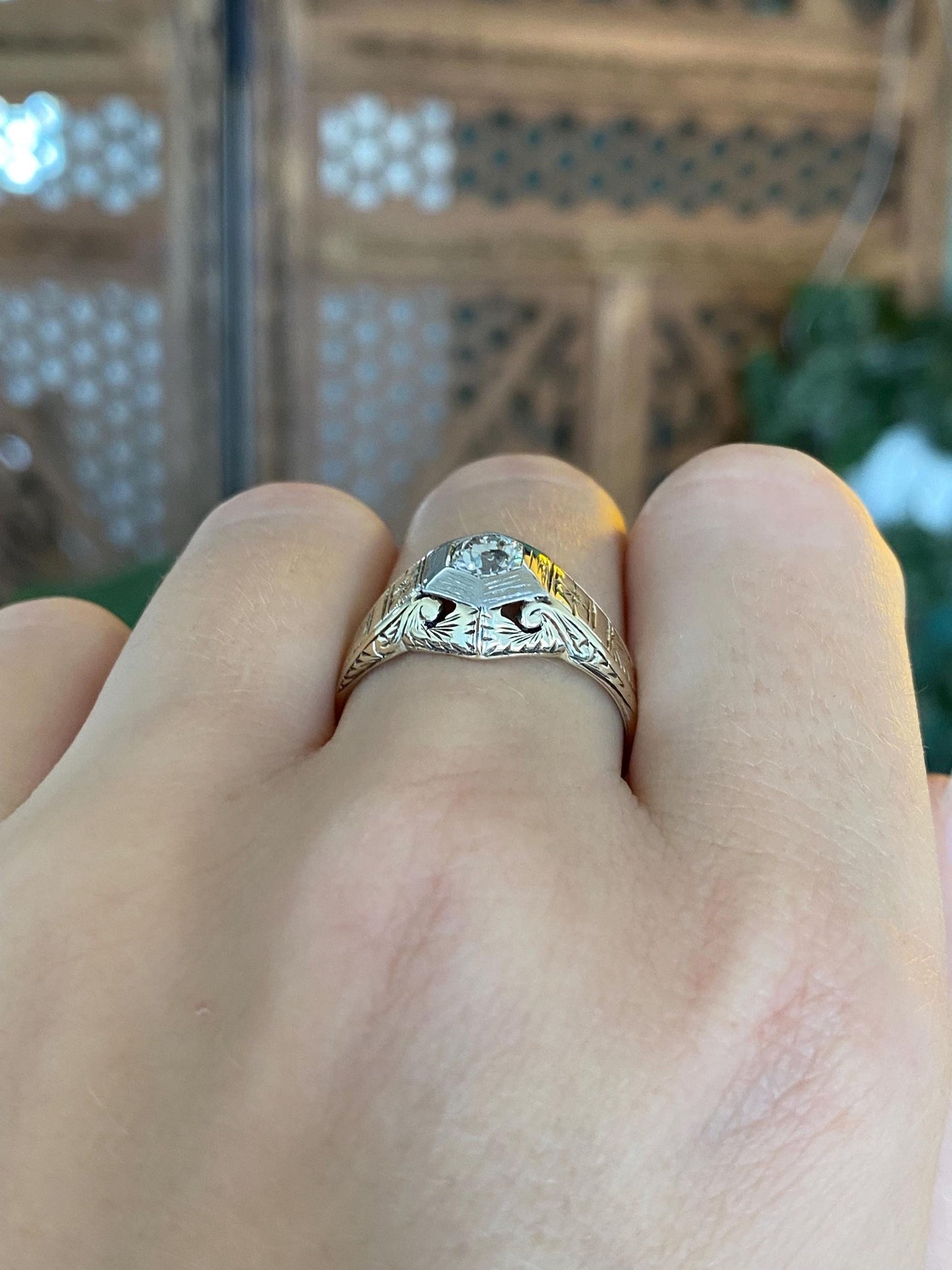 Vintage Solid 14k White & Yellow Gold Clear Sapphire Art Deco Ring - Size 8.5