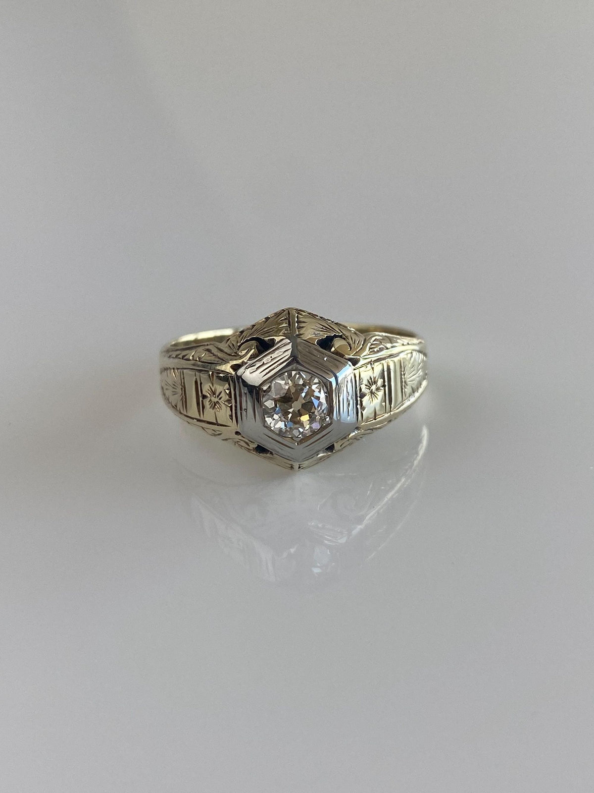 Vintage Solid 14k White & Yellow Gold Clear Sapphire Art Deco Ring - Size 8.5