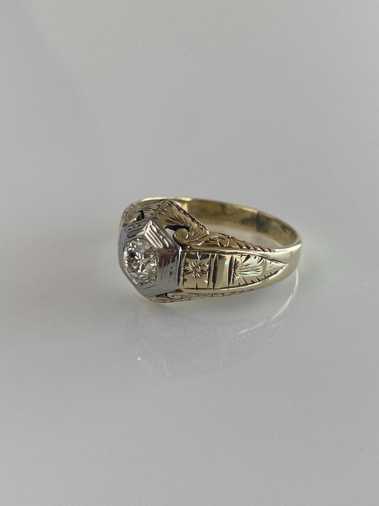 Vintage Solid 14k White & Yellow Gold Clear Sapphire Art Deco Ring - Size 8.5