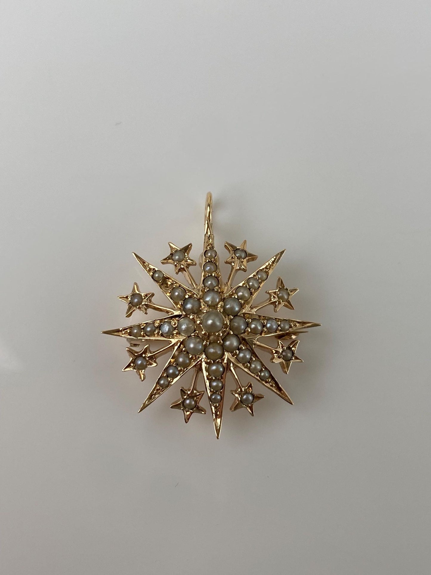 Vintage Solid 14k Yellow Gold Seed Pearl Wavy Star Brooch Charm