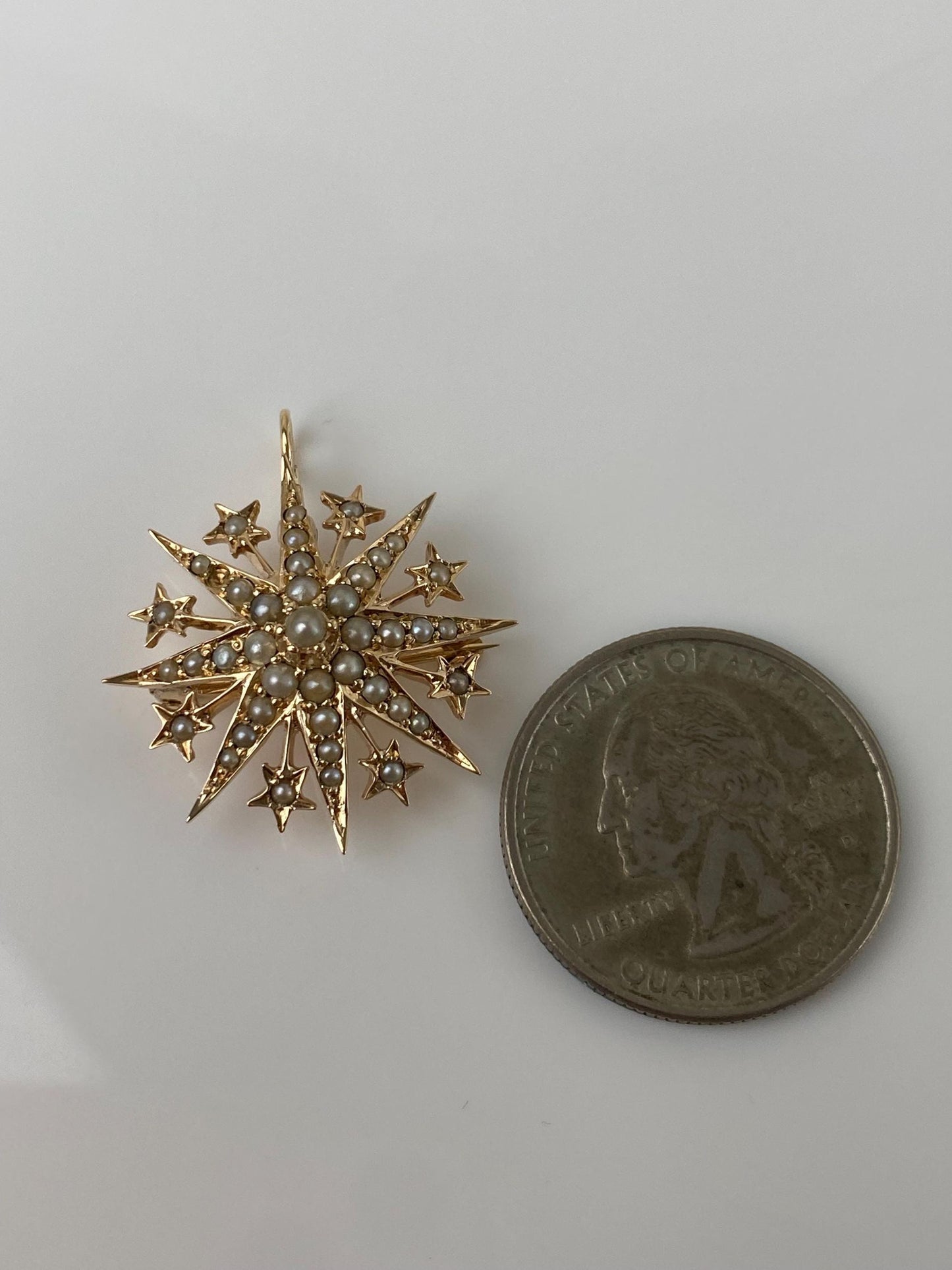 Vintage Solid 14k Yellow Gold Seed Pearl Wavy Star Brooch Charm